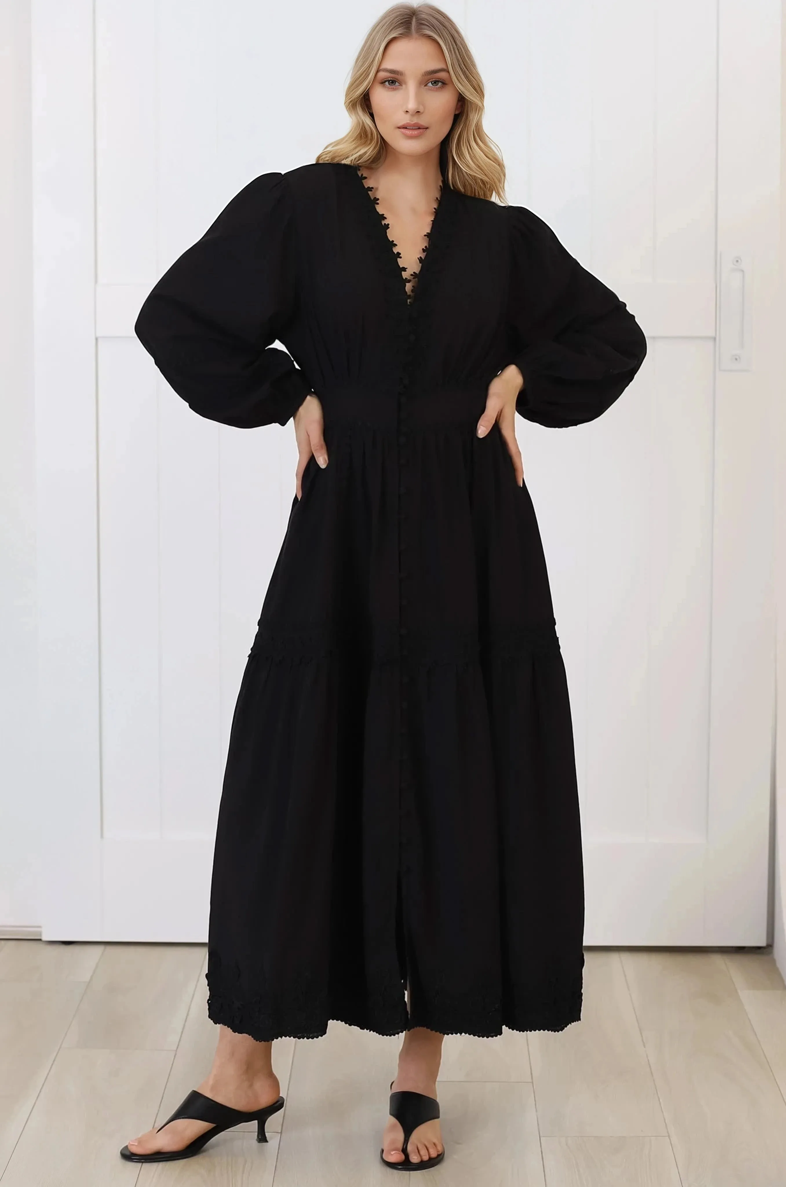 Elowyn Midi Dress - Floral Lace Trim Button Down A Line Dress with Balloon Sleeves in Black sold by Salty Crush