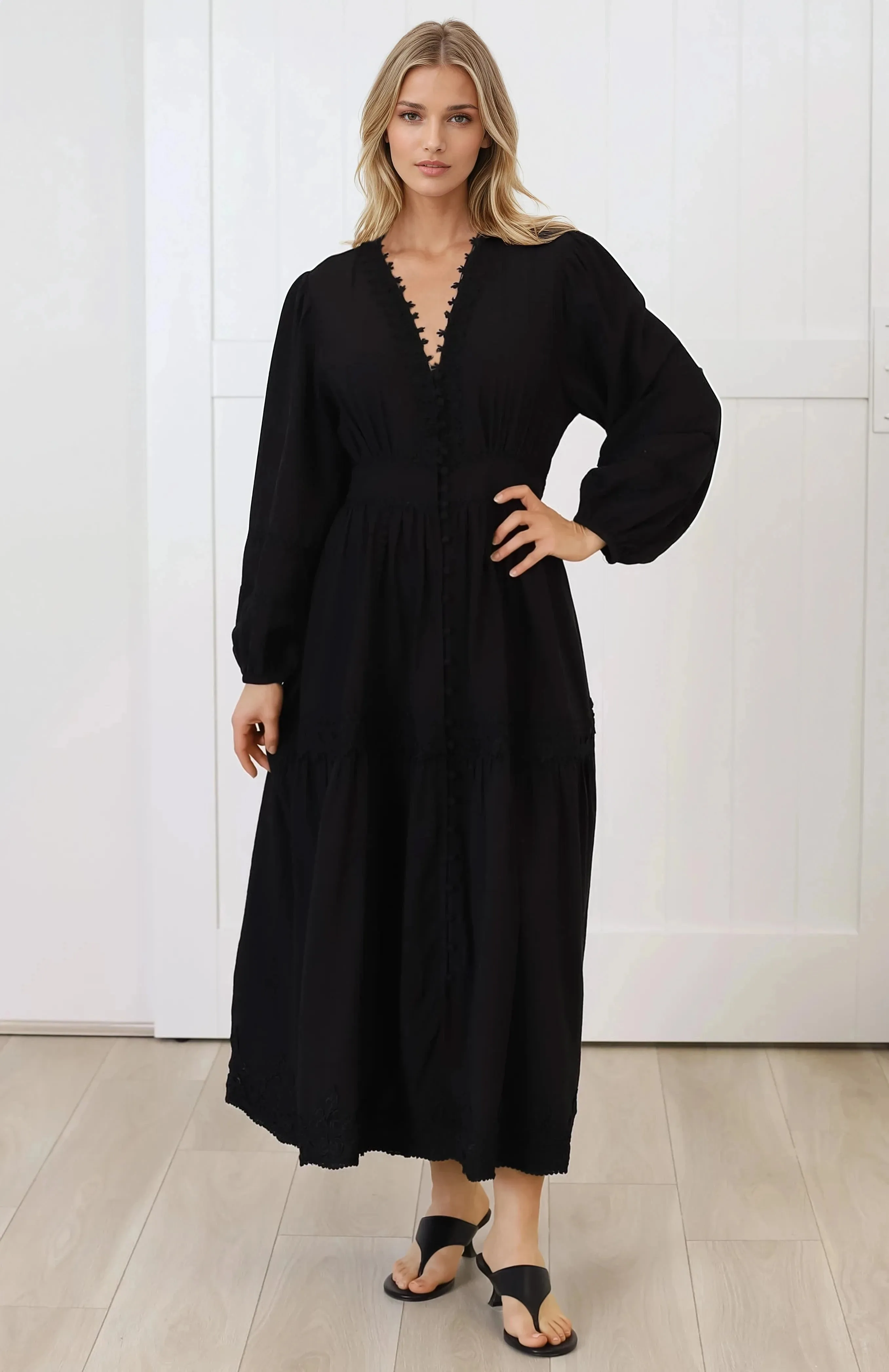 Elowyn Midi Dress - Floral Lace Trim Button Down A Line Dress with Balloon Sleeves in Black sold by Salty Crush product image thumbnail 4