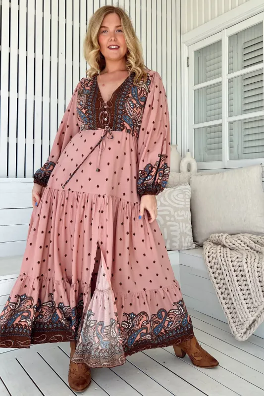 Teresa Maxi Dress - A Line Dress with Long Balloon Sleeves in Seraphina Print sold by Salty Crush