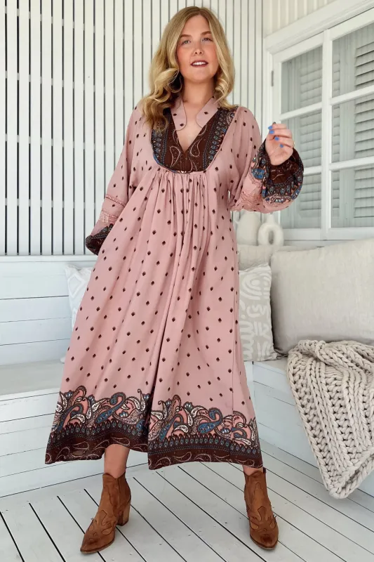 Boheme Midi Dress - Long Sleeve Piping Defined Bust Slimline Smock Dress in Seraphina Print sold by Salty Crush