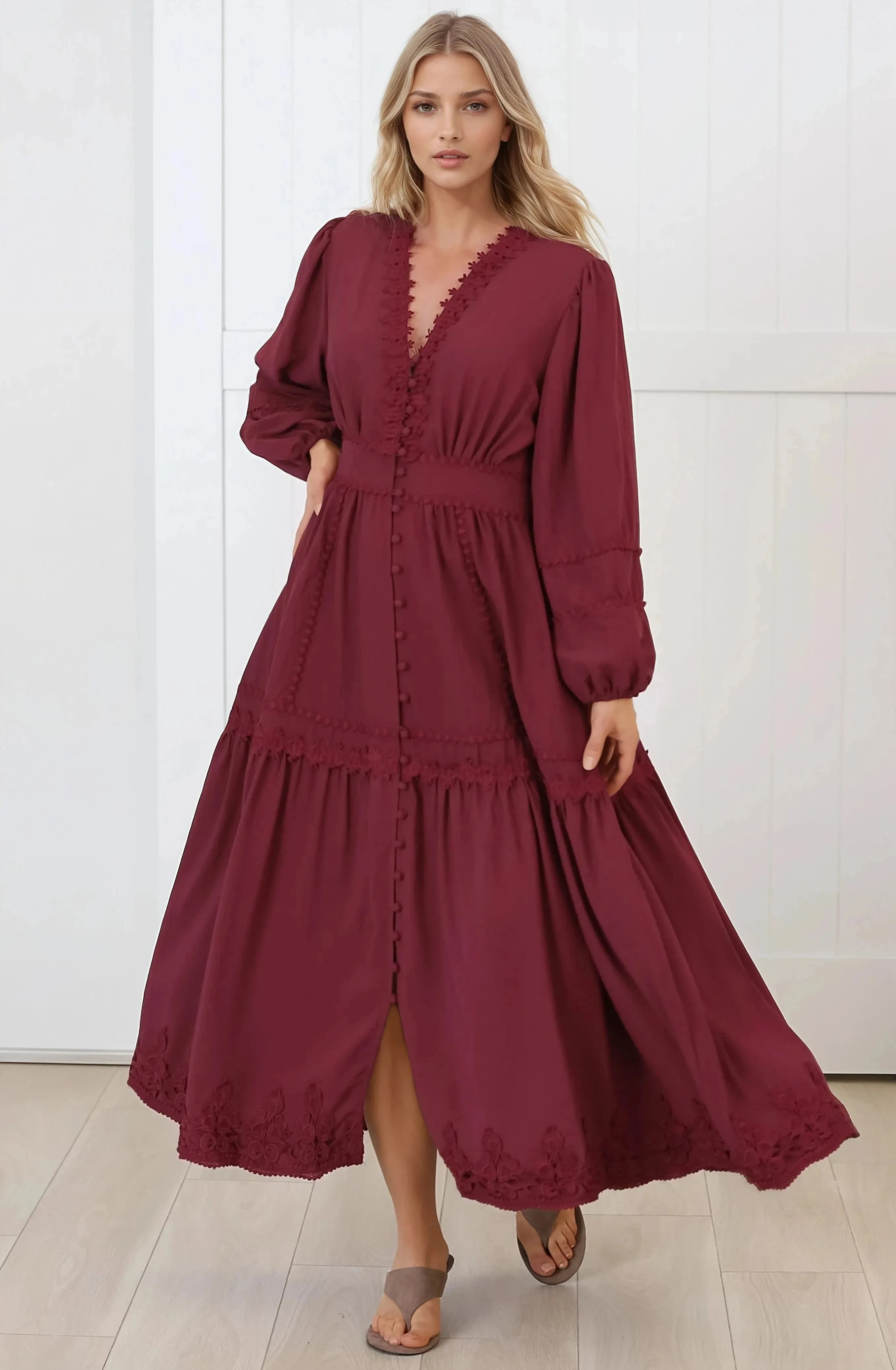 Elowyn Midi Dress - Floral Lace Trim Button Down A Line Dress with Balloon Sleeves in Wine sold by Salty Crush product image thumbnail 5