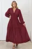 Elowyn Midi Dress - Floral Lace Trim Button Down A Line Dress with Balloon Sleeves in Wine sold by Salty Crush