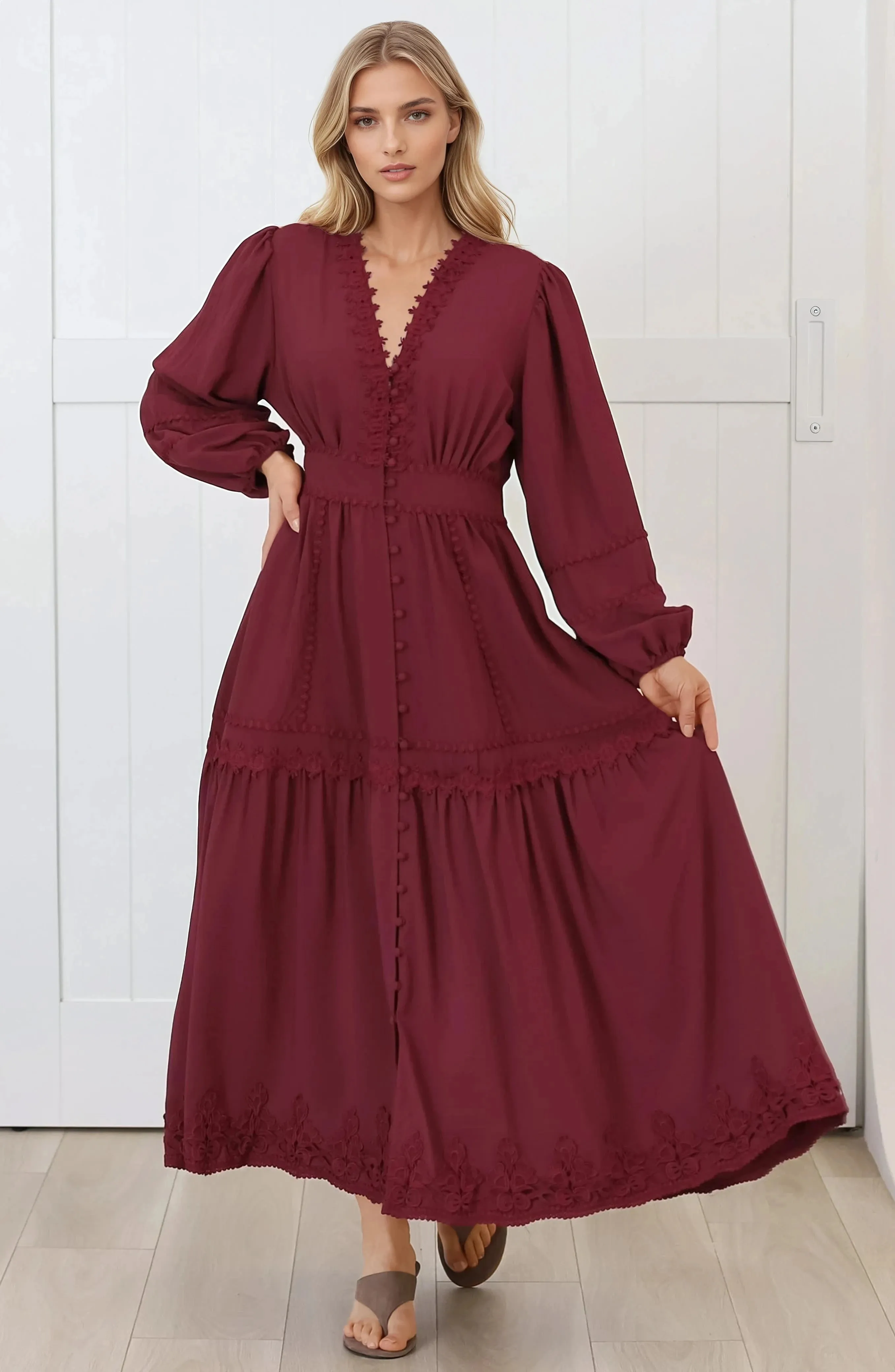 Elowyn Midi Dress - Floral Lace Trim Button Down A Line Dress with Balloon Sleeves in Wine sold by Salty Crush product image thumbnail 2