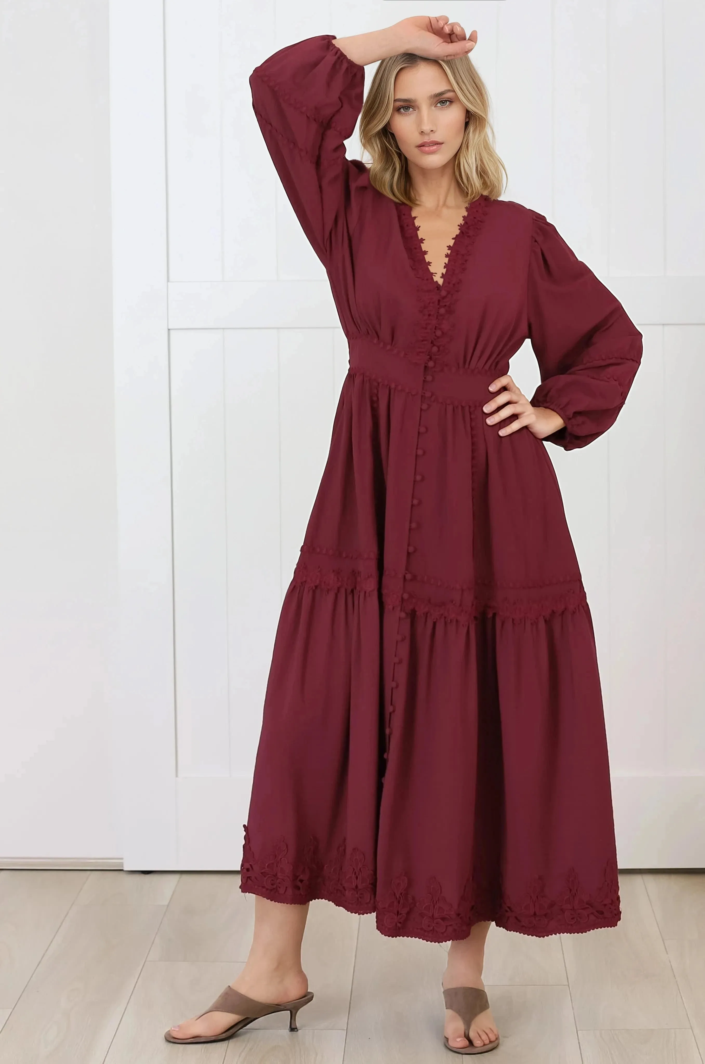 Elowyn Midi Dress - Floral Lace Trim Button Down A Line Dress with Balloon Sleeves in Wine sold by Salty Crush product image thumbnail 4
