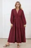 Elowyn Midi Dress - Floral Lace Trim Button Down A Line Dress with Balloon Sleeves in Wine sold by Salty Crush