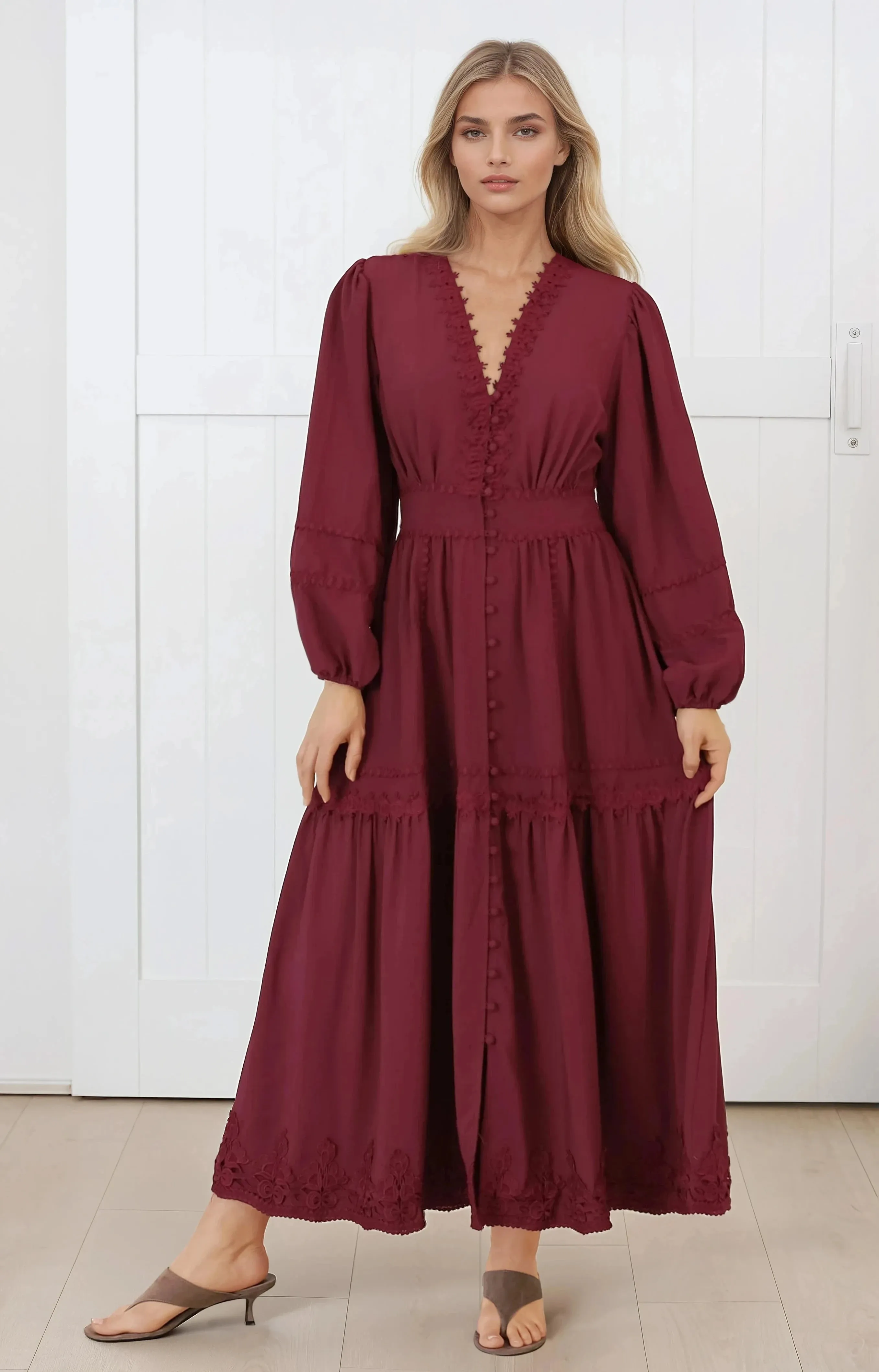 Elowyn Midi Dress - Floral Lace Trim Button Down A Line Dress with Balloon Sleeves in Wine sold by Salty Crush product image thumbnail 3