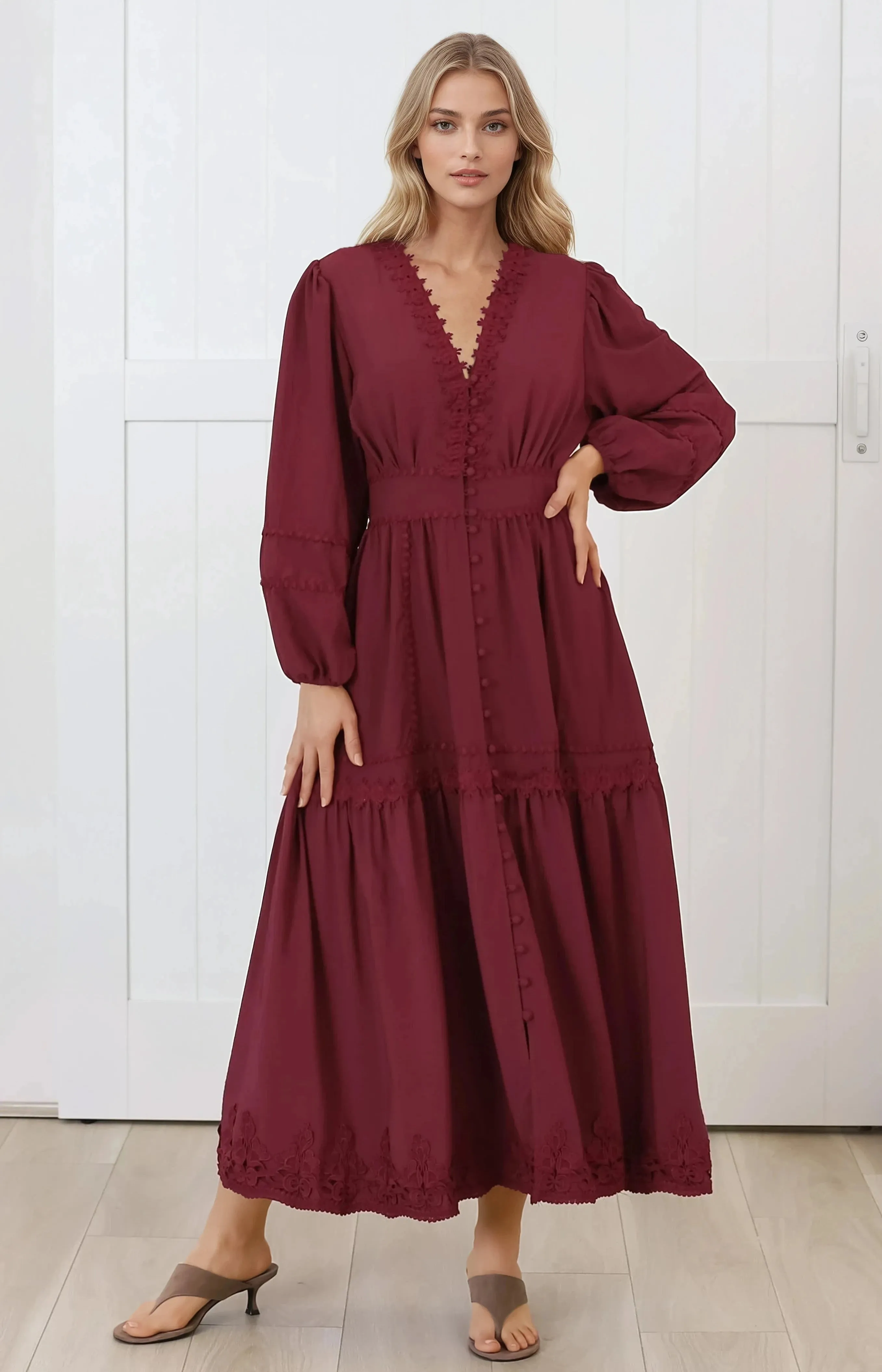 Elowyn Midi Dress - Floral Lace Trim Button Down A Line Dress with Balloon Sleeves in Wine sold by Salty Crush