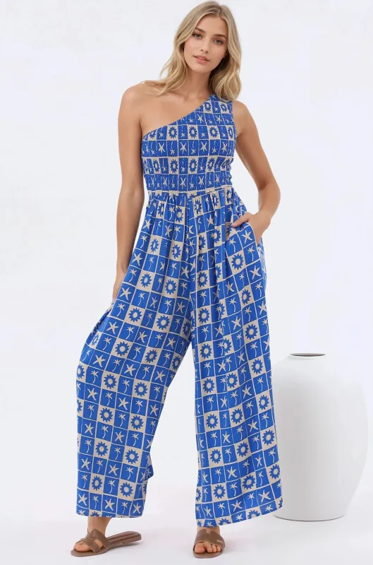 Anisa Jumpsuit - One Shoulder Elasticated Bodice Jumpsuit in Talia Print sold by Salty Crush
