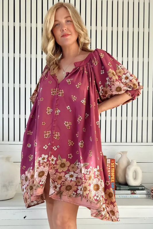 Evelyn Mini Dress: Scoop Neck Smock Dress with Pockets and Waist Tie in Bee Orchid Print sold by Salty Crush