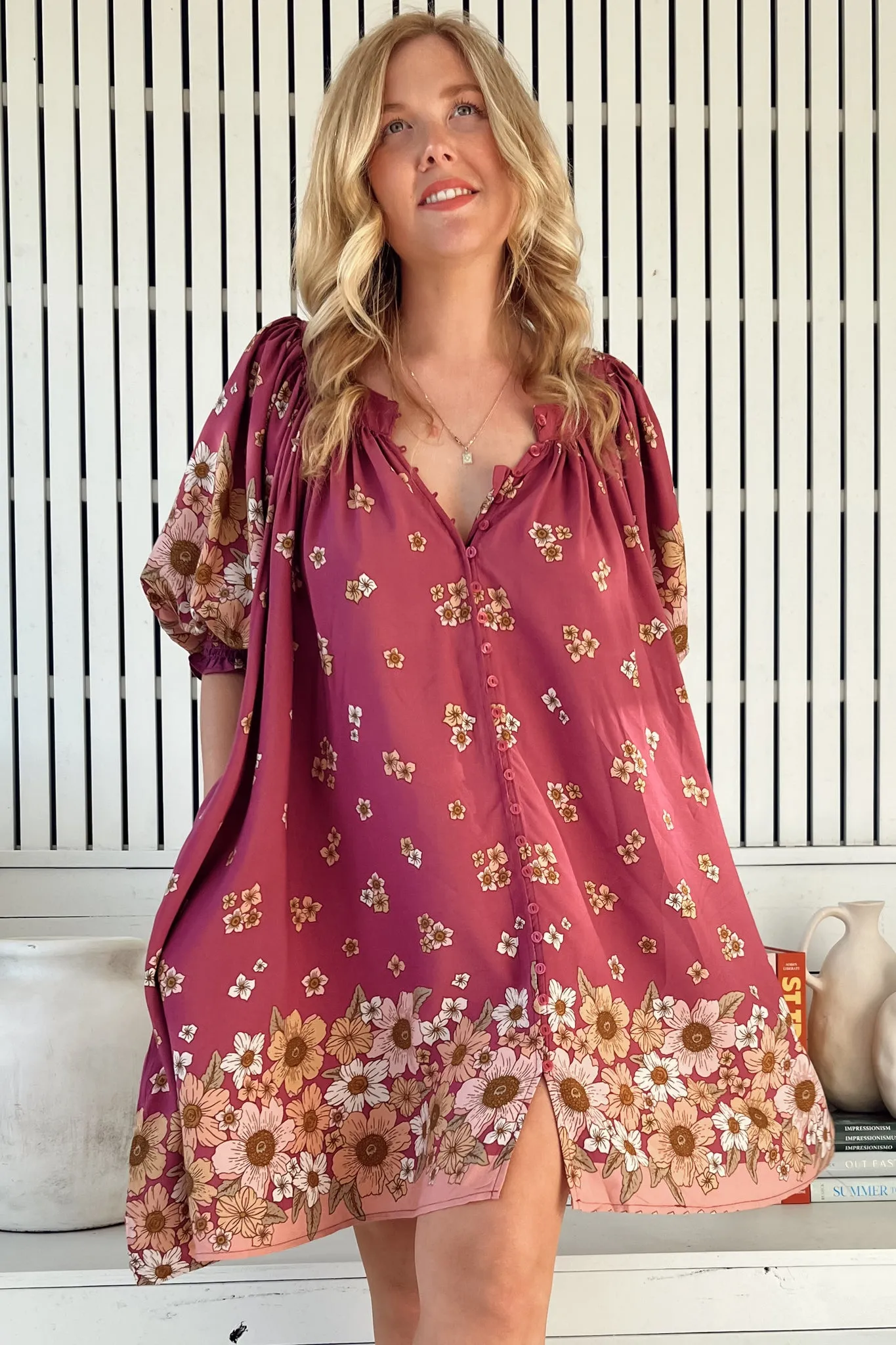 Evelyn Mini Dress: Scoop Neck Smock Dress with Pockets and Waist Tie in Bee Orchid Print sold by Salty Crush product image thumbnail 3