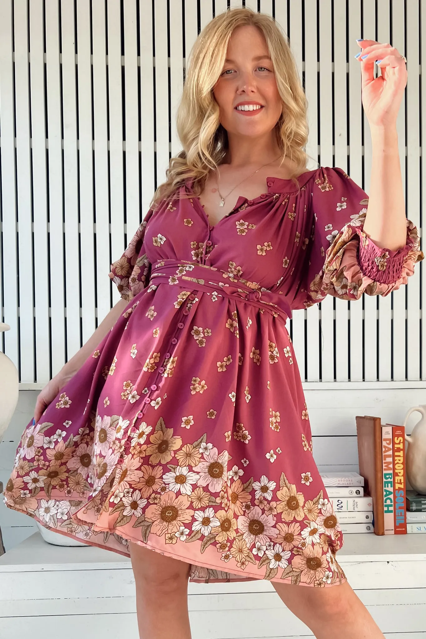 Evelyn Mini Dress: Scoop Neck Smock Dress with Pockets and Waist Tie in Bee Orchid Print sold by Salty Crush product image thumbnail 2