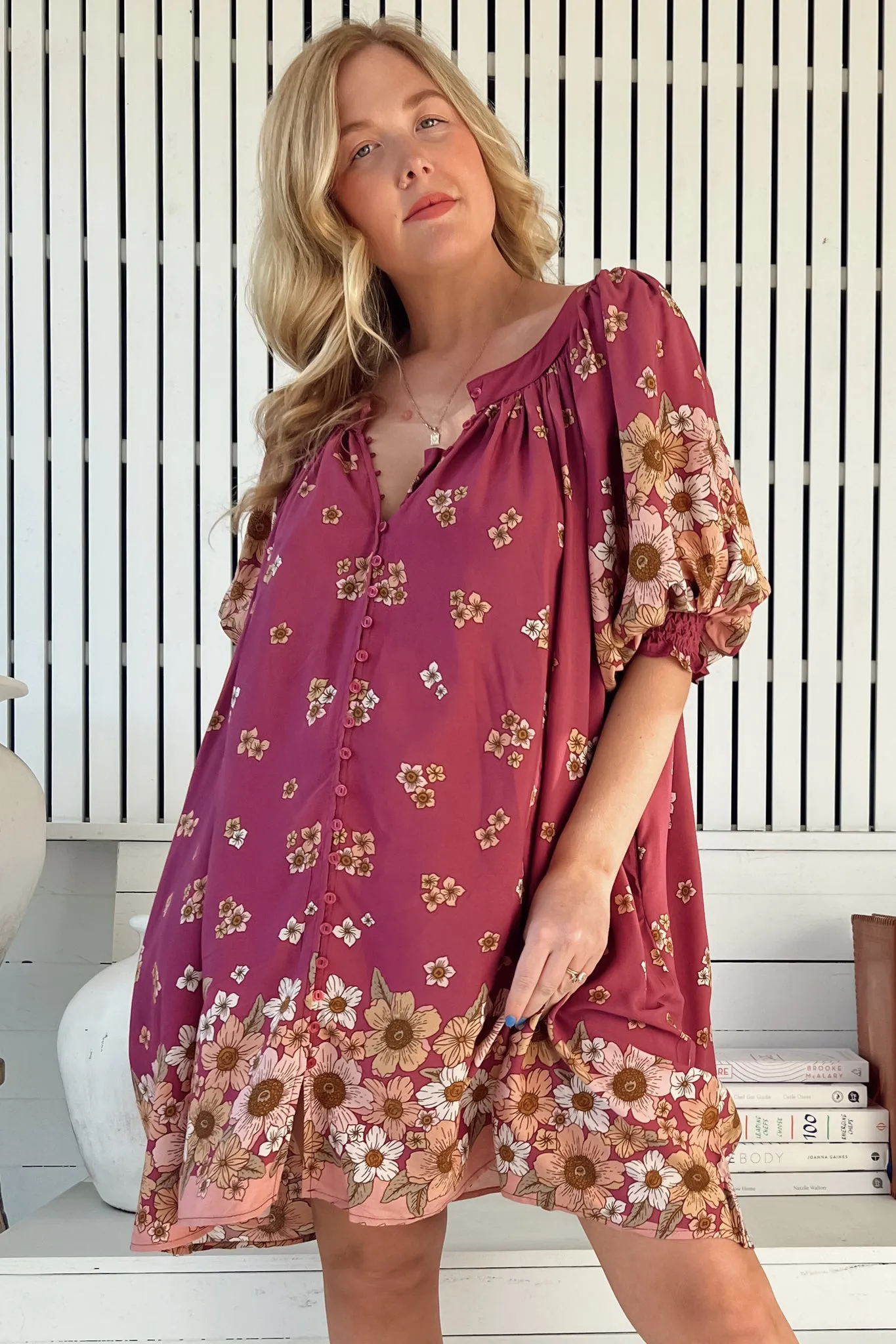 Evelyn Mini Dress: Scoop Neck Smock Dress with Pockets and Waist Tie in Bee Orchid Print sold by Salty Crush product image thumbnail 5