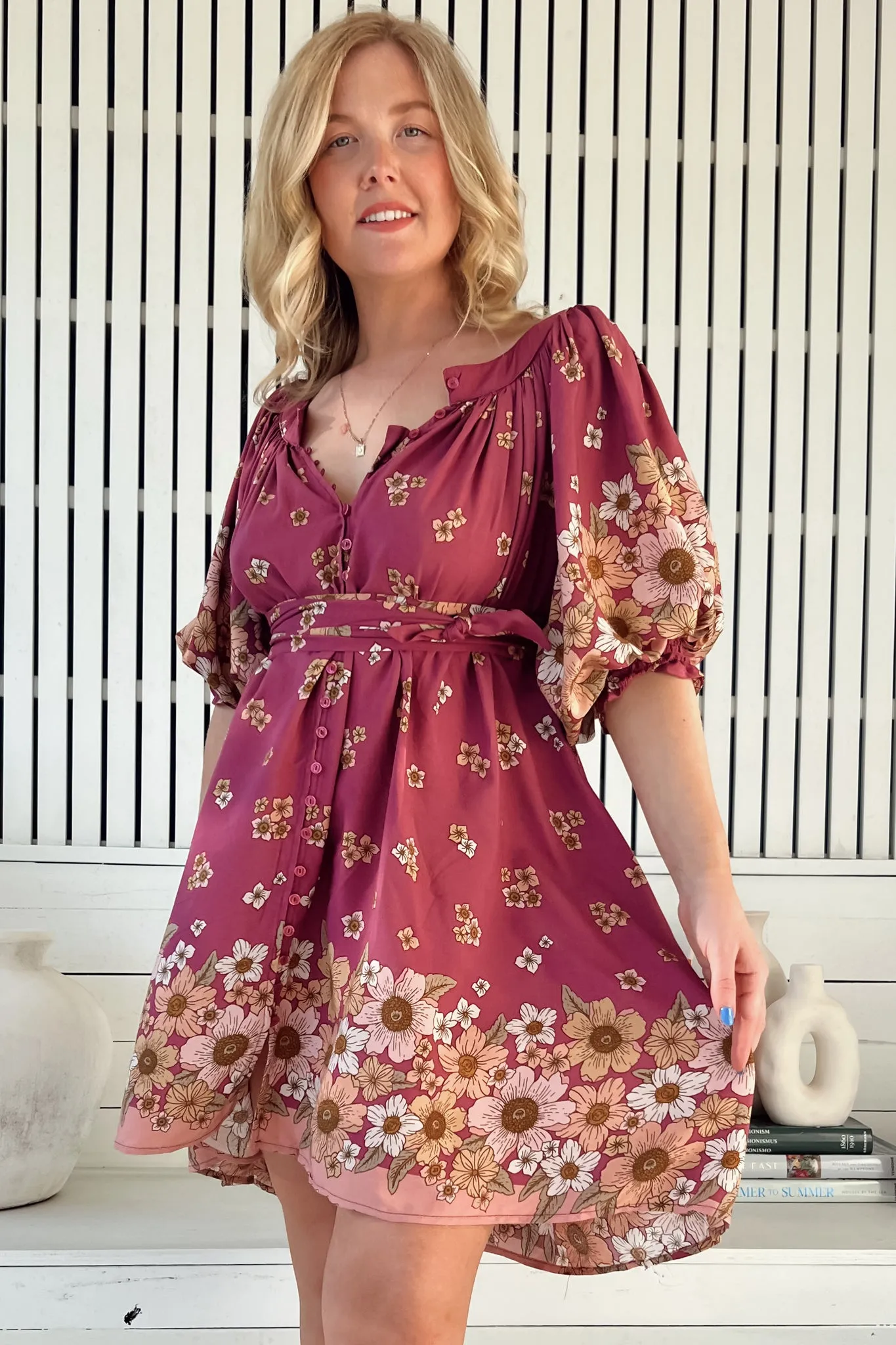 Evelyn Mini Dress: Scoop Neck Smock Dress with Pockets and Waist Tie in Bee Orchid Print sold by Salty Crush product image thumbnail 4