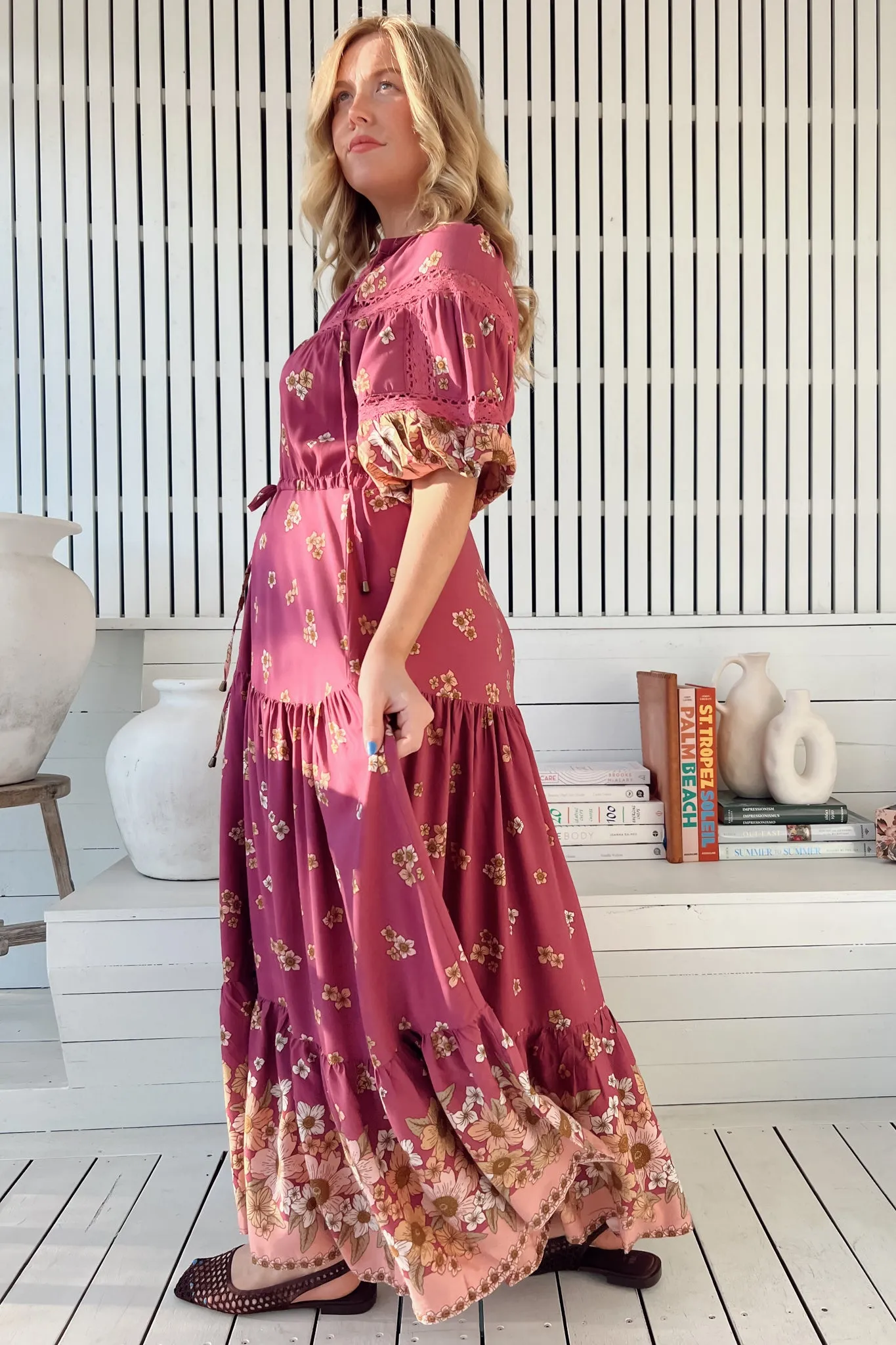 Elsa Maxi Dress: Lace Detailed Bodice with Pull Tie Waist Dress in Bee Orchid Print sold by Salty Crush product image thumbnail 5