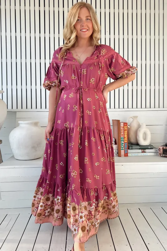 Elsa Maxi Dress: Lace Detailed Bodice with Pull Tie Waist Dress in Bee Orchid Print sold by Salty Crush