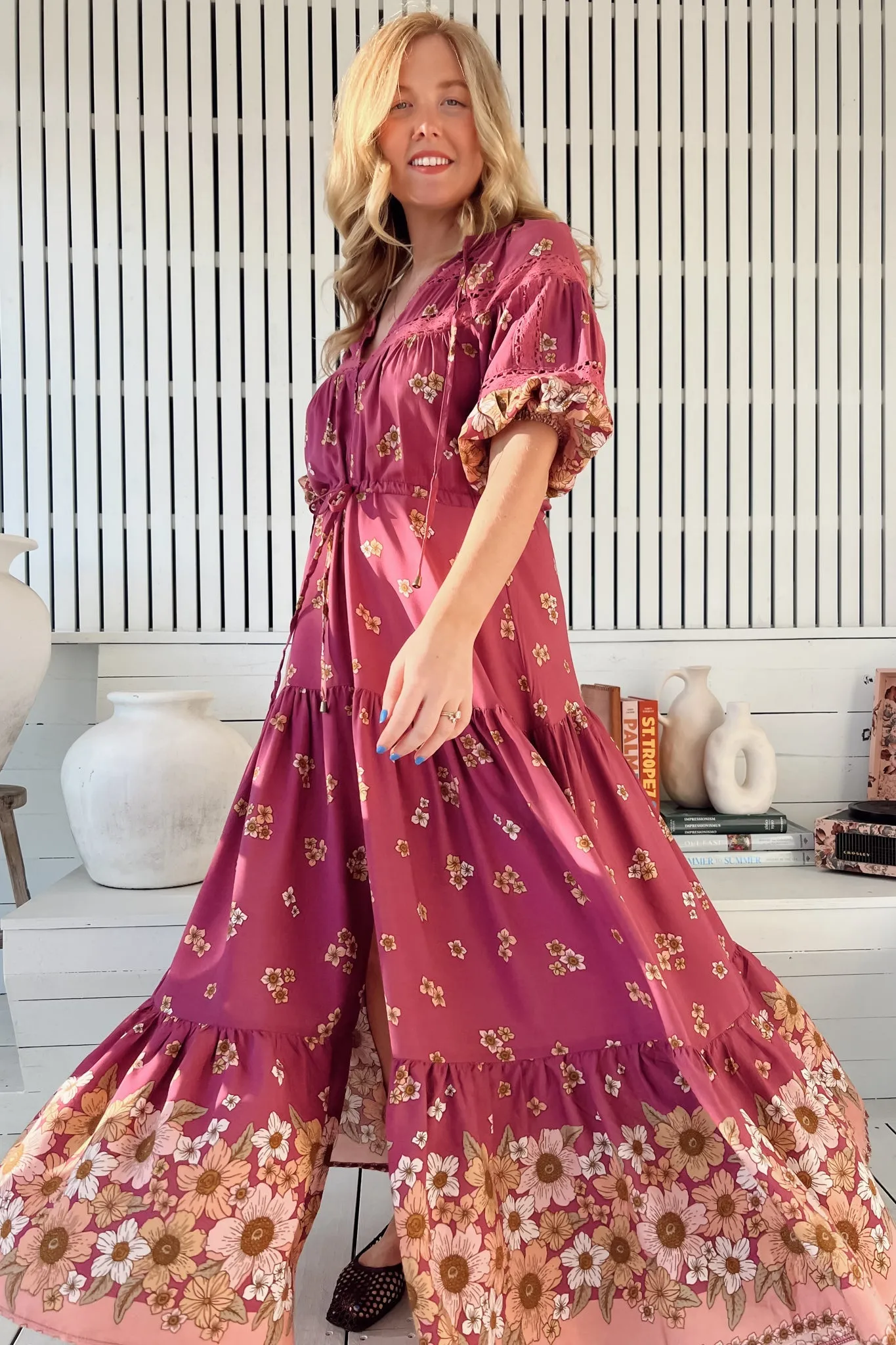 Elsa Maxi Dress: Lace Detailed Bodice with Pull Tie Waist Dress in Bee Orchid Print sold by Salty Crush product image thumbnail 3