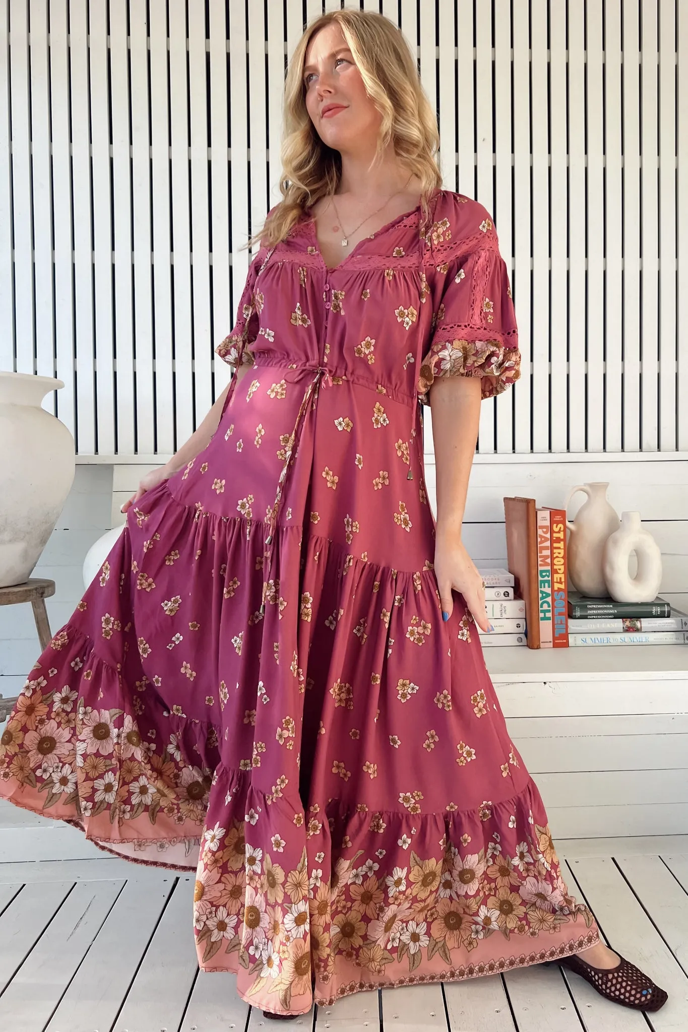 Elsa Maxi Dress: Lace Detailed Bodice with Pull Tie Waist Dress in Bee Orchid Print sold by Salty Crush product image thumbnail 4