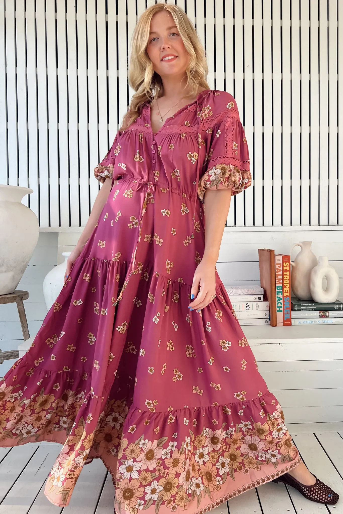 Elsa Maxi Dress: Lace Detailed Bodice with Pull Tie Waist Dress in Bee Orchid Print sold by Salty Crush product image thumbnail 2