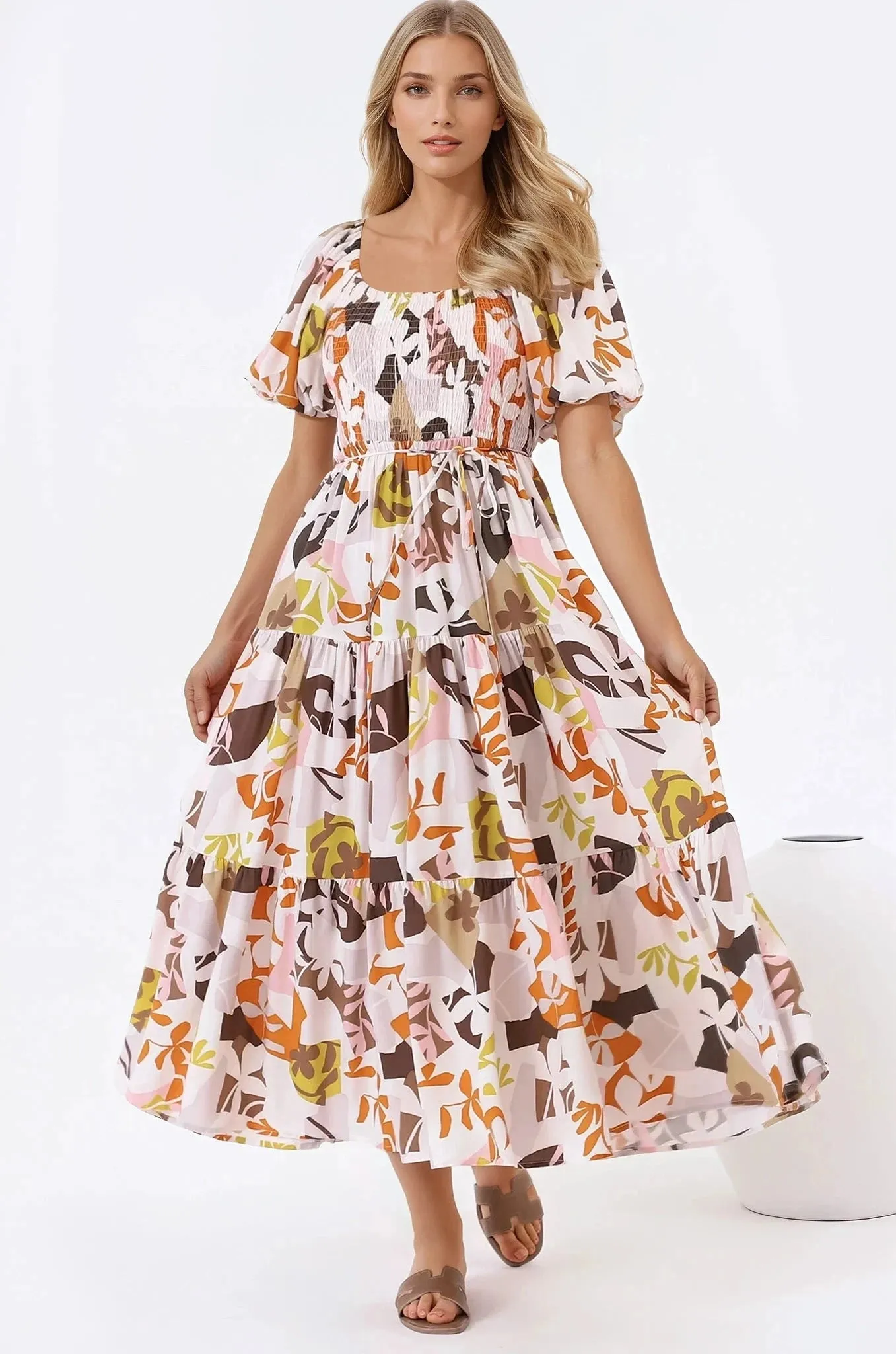 Lolitta Midi Dress - On or Off Shoulder Elasticated Bodice Dress in Irisa Print sold by Salty Crush