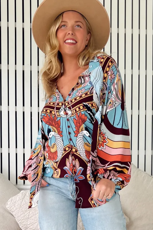 Imogen Blouse - Mandarin Collar Button Down Blouse in Wild Hearts Print sold by Salty Crush