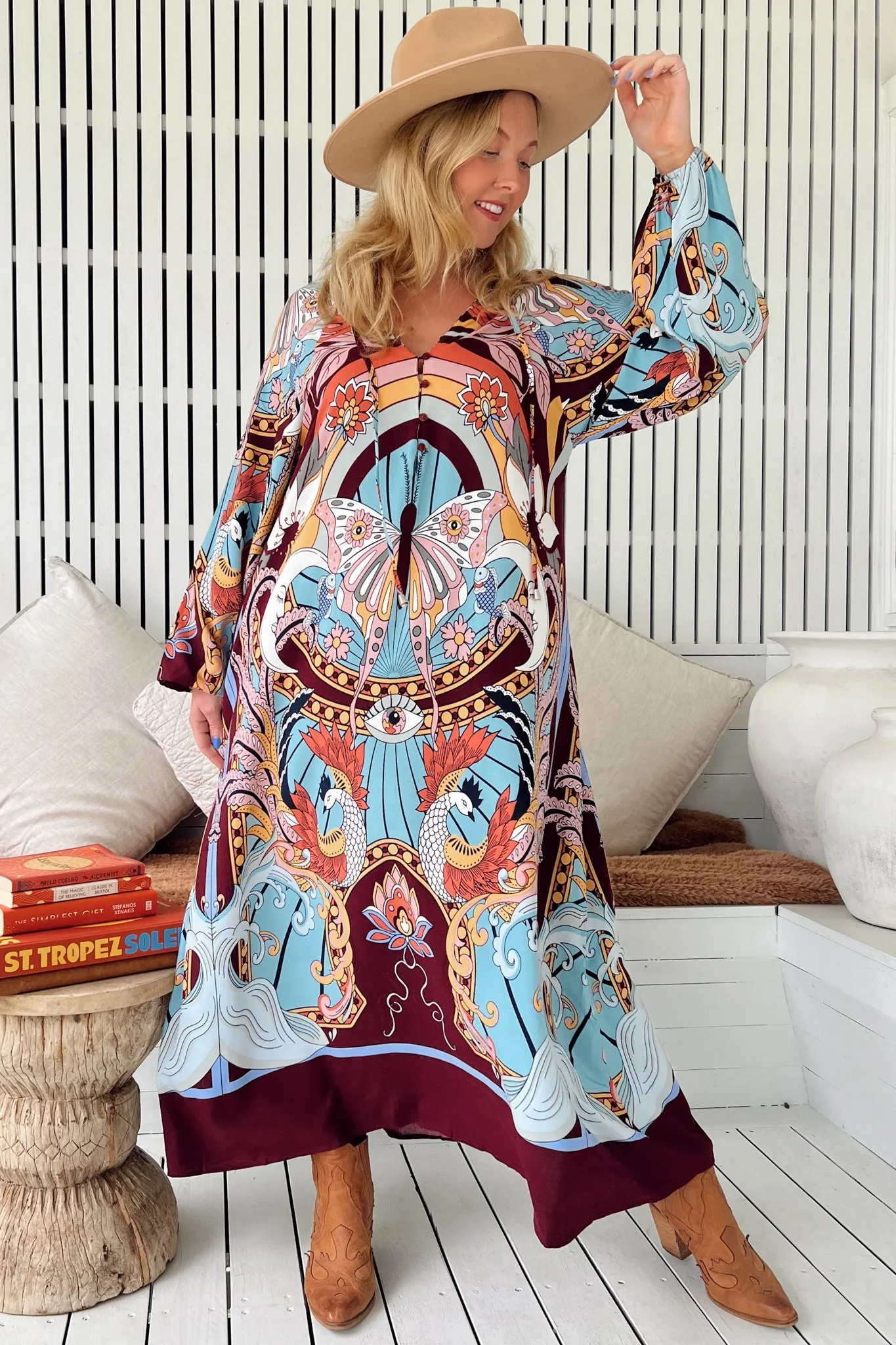 Bree Maxi Dress - Long Balloon Sleeve Shift Dress in Wild Hearts Print sold by Salty Crush