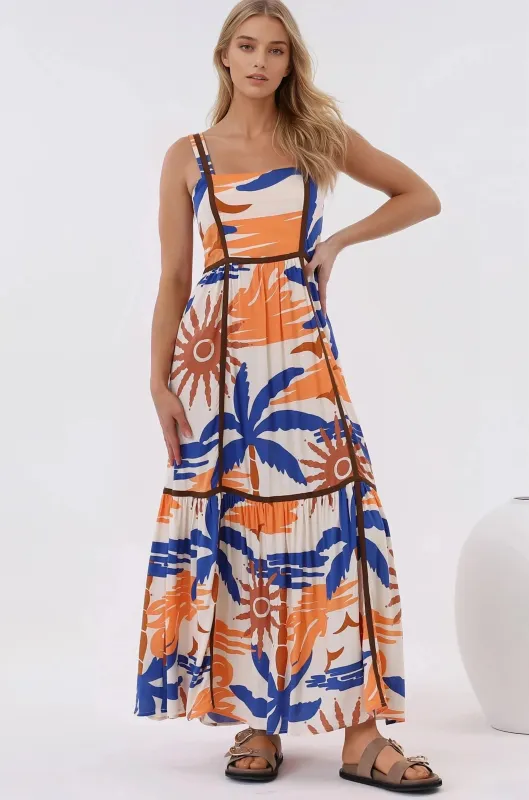Angie Maxi Dress - Thick Strap Tiered Skirt Sun Dress in Trula Print sold by Salty Crush