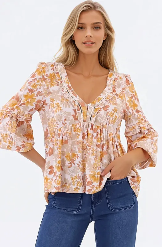Rhody Blouse - Frill and Ladder Lace V-Neck Balloon Sleeve Top in Dede Print sold by Salty Crush