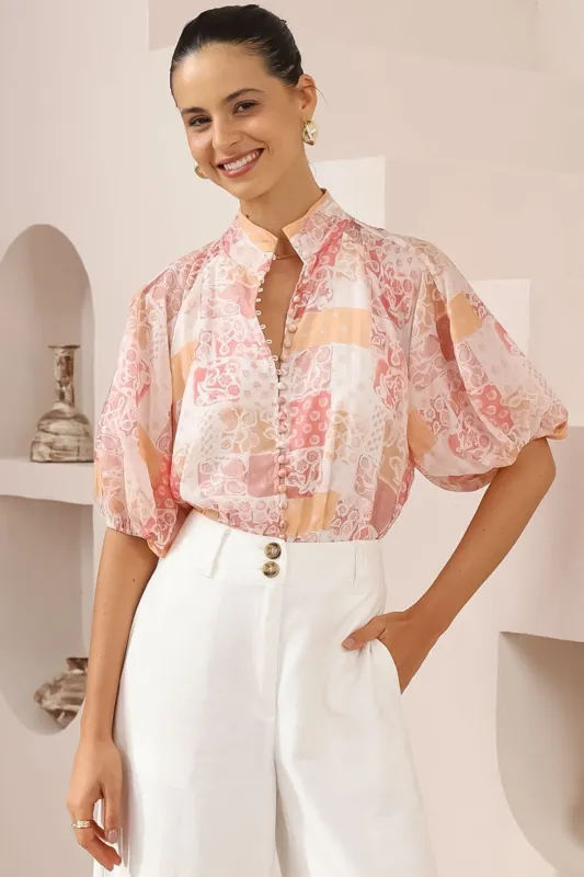 Frankie Blouse - High Mandarin Collar Buttoned Down Top in Hannah Print sold by Salty Crush