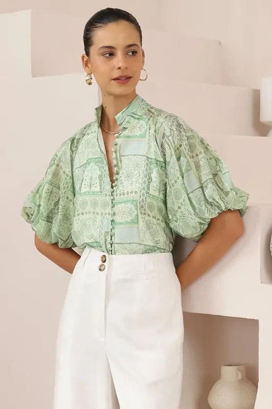 Frankie Blouse - High Mandarin Collar Buttoned Down Top in Maxine Print sold by Salty Crush