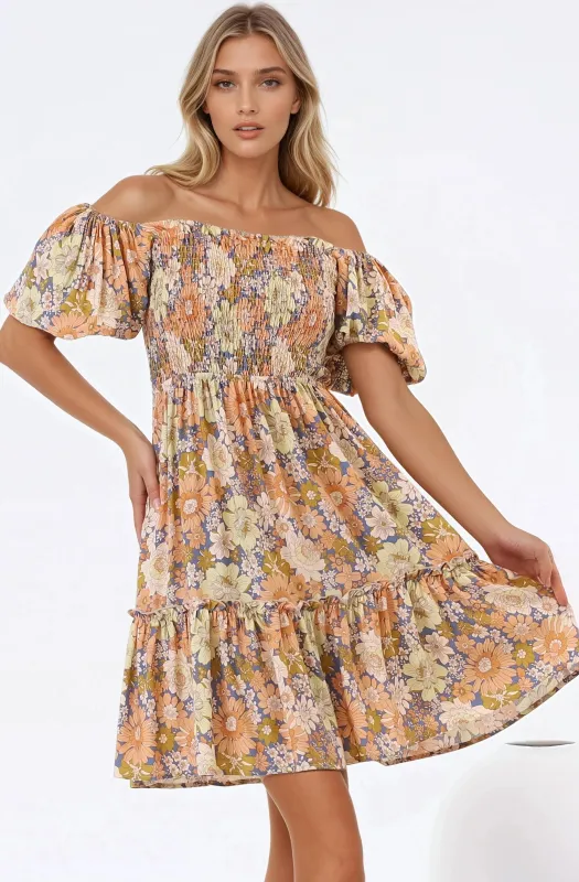 Lyn Mini Dress - On or Off Shoulder Shirred Bodice Mini Dress in Avianna Print sold by Salty Crush