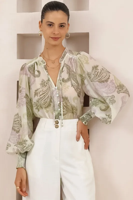 Violet Blouse - Frill Collar Button Down Balloon Sleeve Blouse In Loxley Print sold by Salty Crush