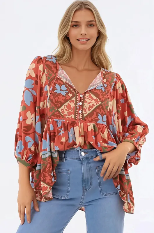 Chi Blouse - Balloon Sleeve Smock Blouse in Aella Print sold by Salty Crush