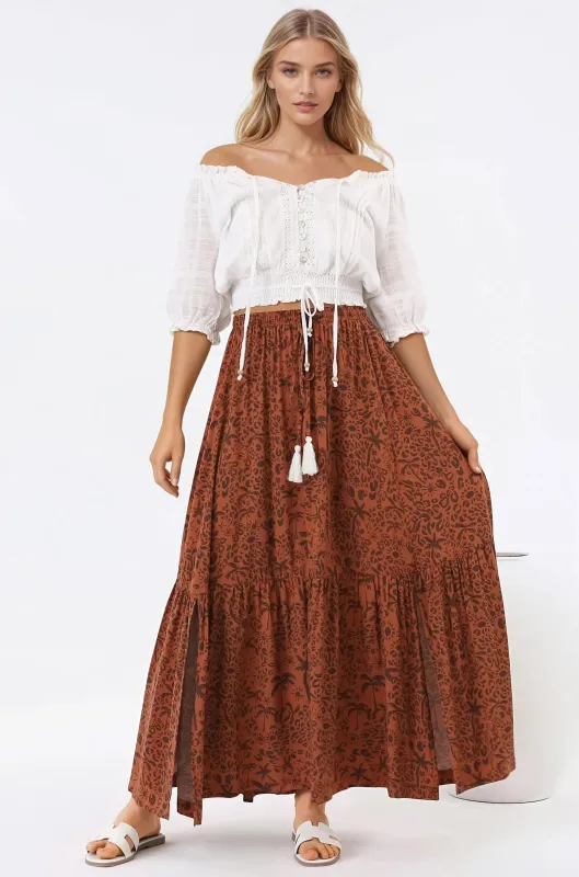Zia Maxi Skirt - High Waisted Skirt with Front Splits in Ayana Print sold by Salty Crush