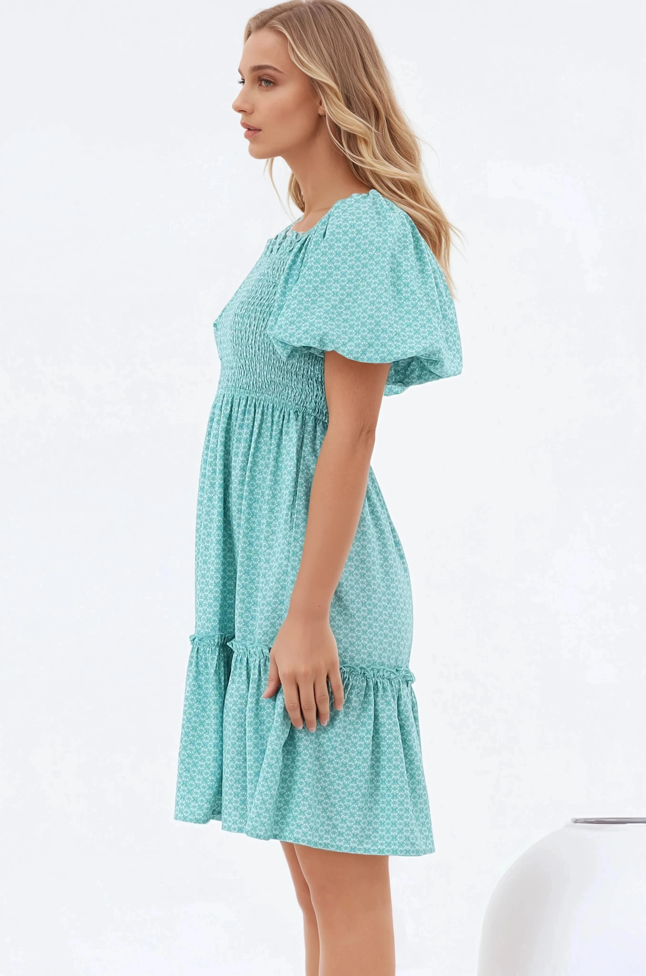 Lyn Mini Dress - On or Off Shoulder Shirred Bodice Mini Dress in Airin Print sold by Salty Crush product image thumbnail 4