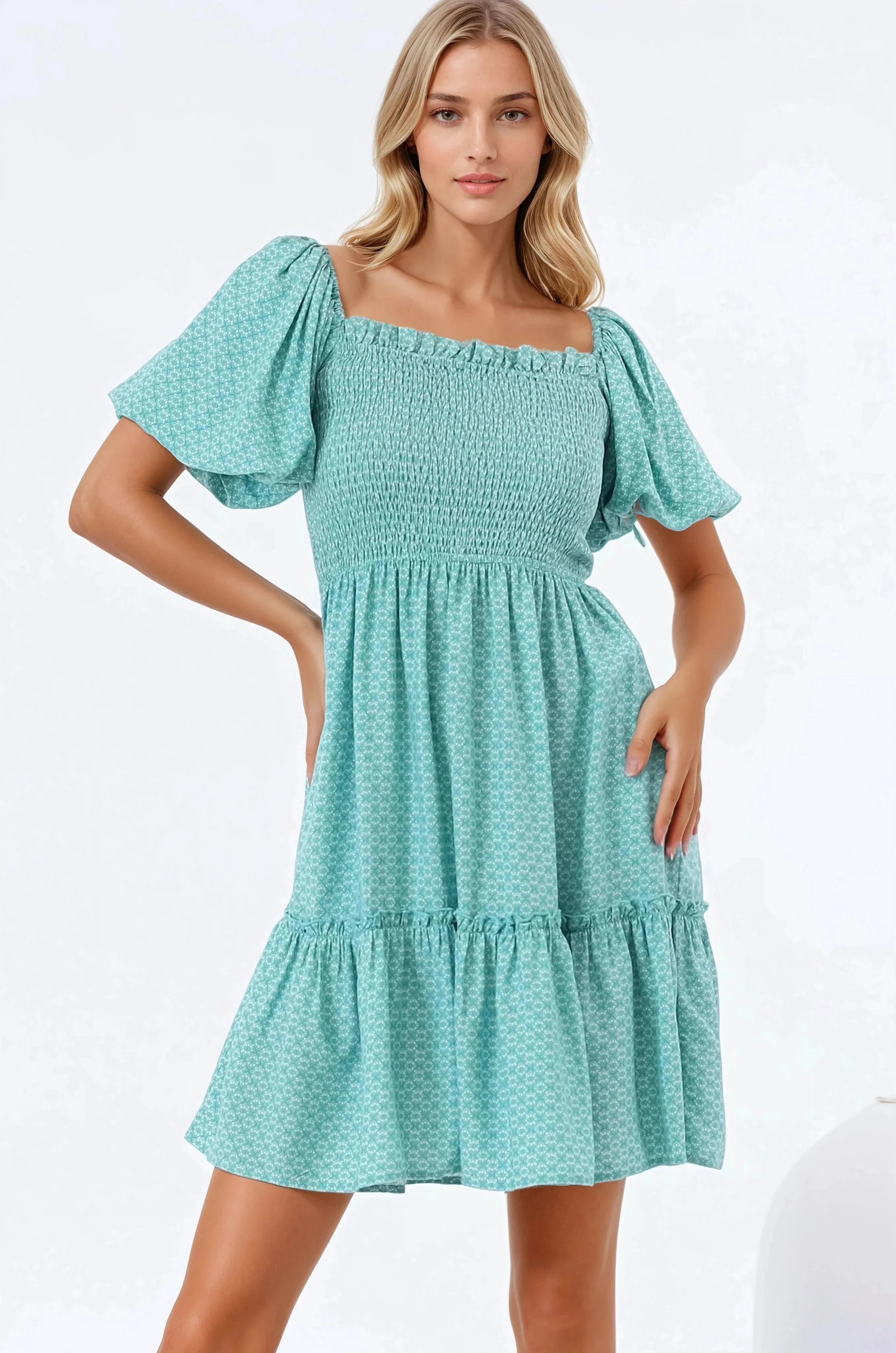 Lyn Mini Dress - On or Off Shoulder Shirred Bodice Mini Dress in Airin Print sold by Salty Crush product image thumbnail 3