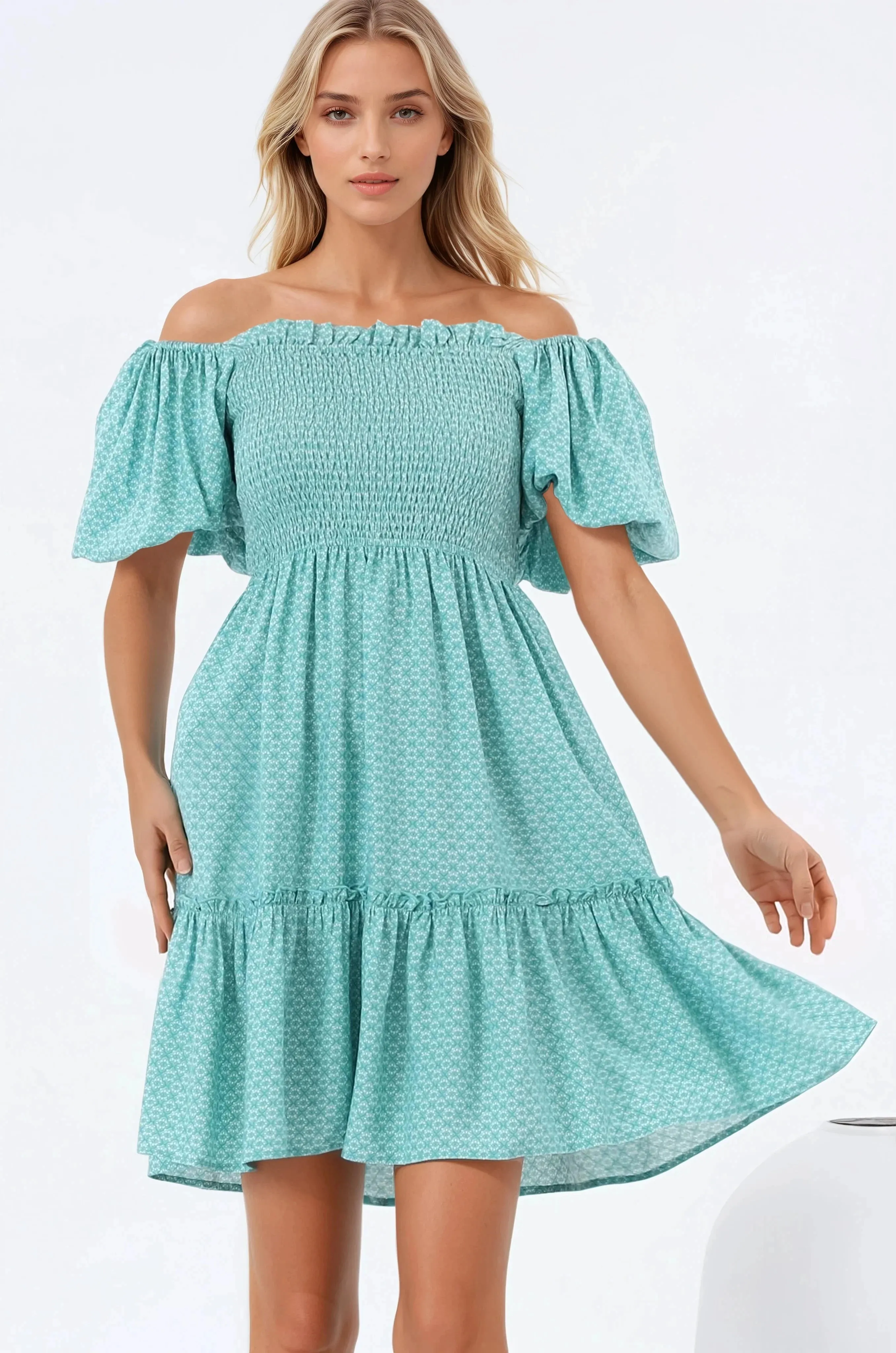 Lyn Mini Dress - On or Off Shoulder Shirred Bodice Mini Dress in Airin Print sold by Salty Crush product image thumbnail 2