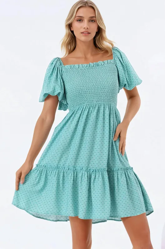 Lyn Mini Dress - On or Off Shoulder Shirred Bodice Mini Dress in Airin Print sold by Salty Crush