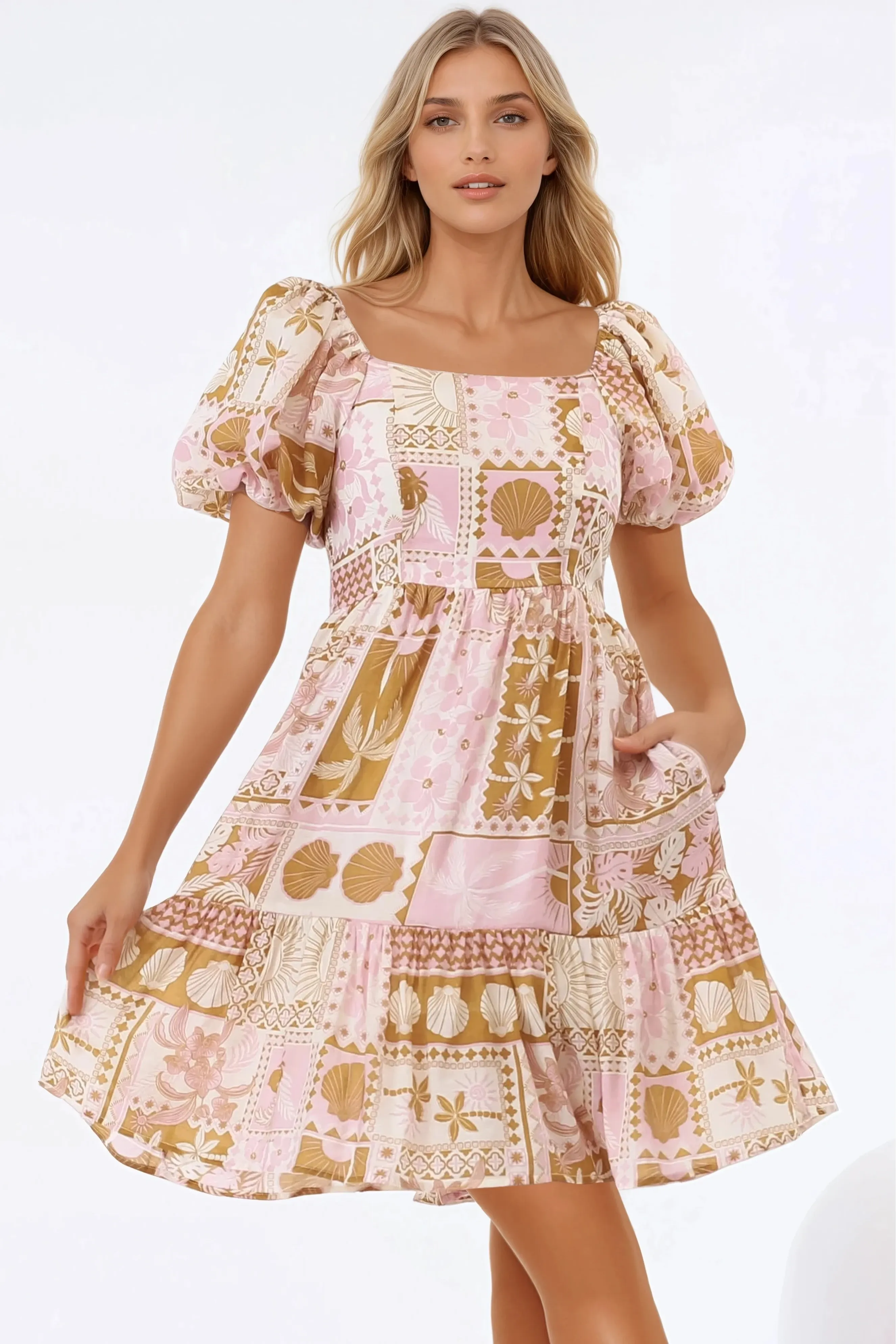 Elea Mini Dress - Multiway Neckline A-Line Dress with Balloon Sleeves in Cersi Print sold by Salty Crush product image thumbnail 3