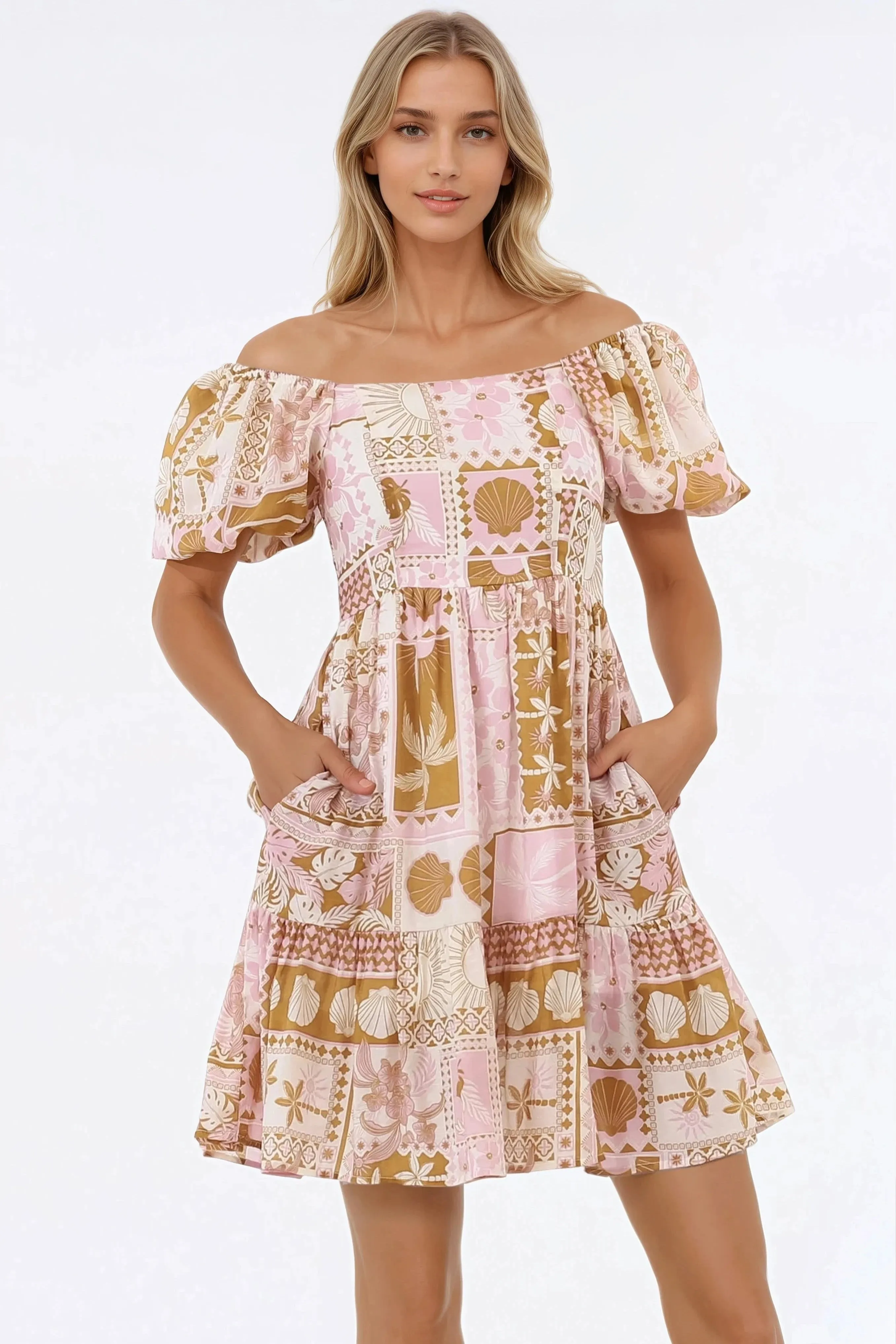 Elea Mini Dress - Multiway Neckline A-Line Dress with Balloon Sleeves in Cersi Print sold by Salty Crush product image thumbnail 5