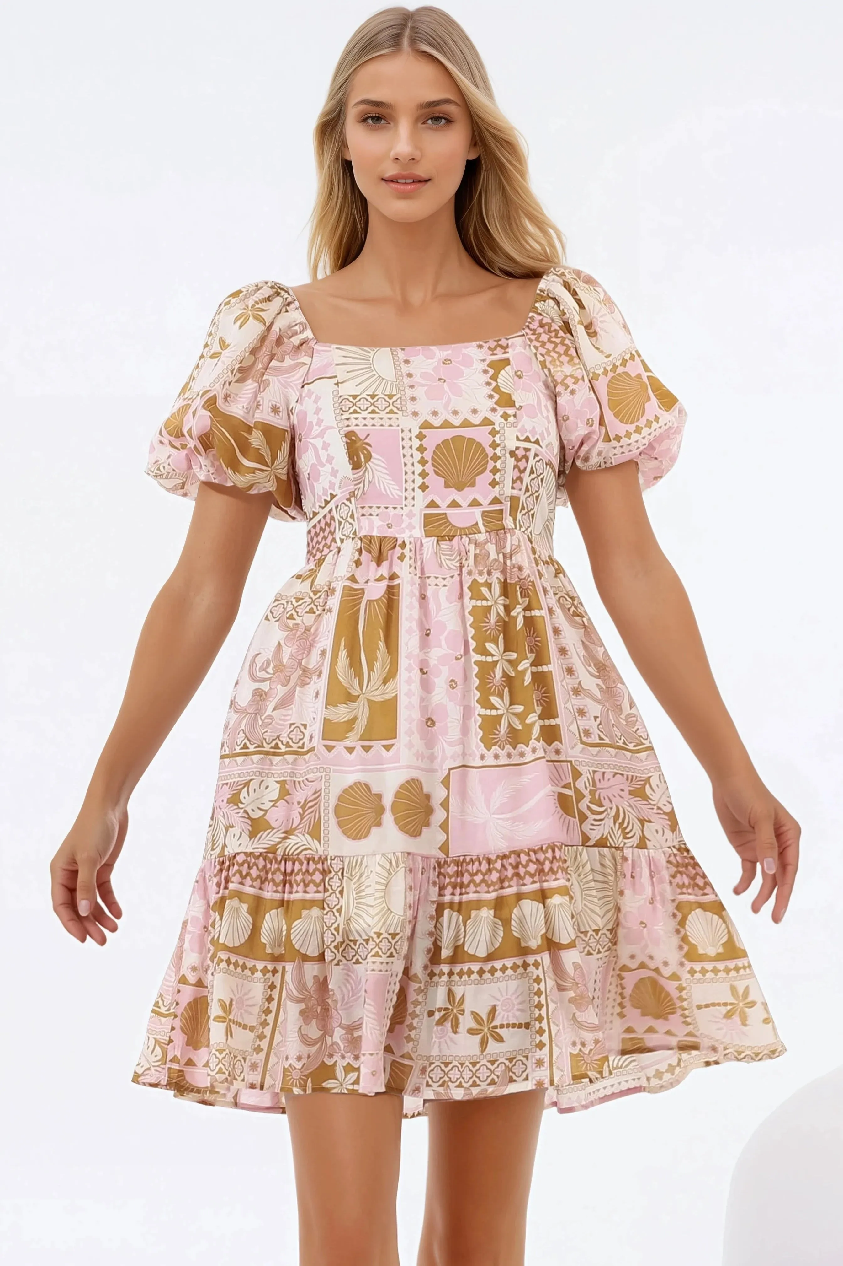 Elea Mini Dress - Multiway Neckline A-Line Dress with Balloon Sleeves in Cersi Print sold by Salty Crush product image thumbnail 4