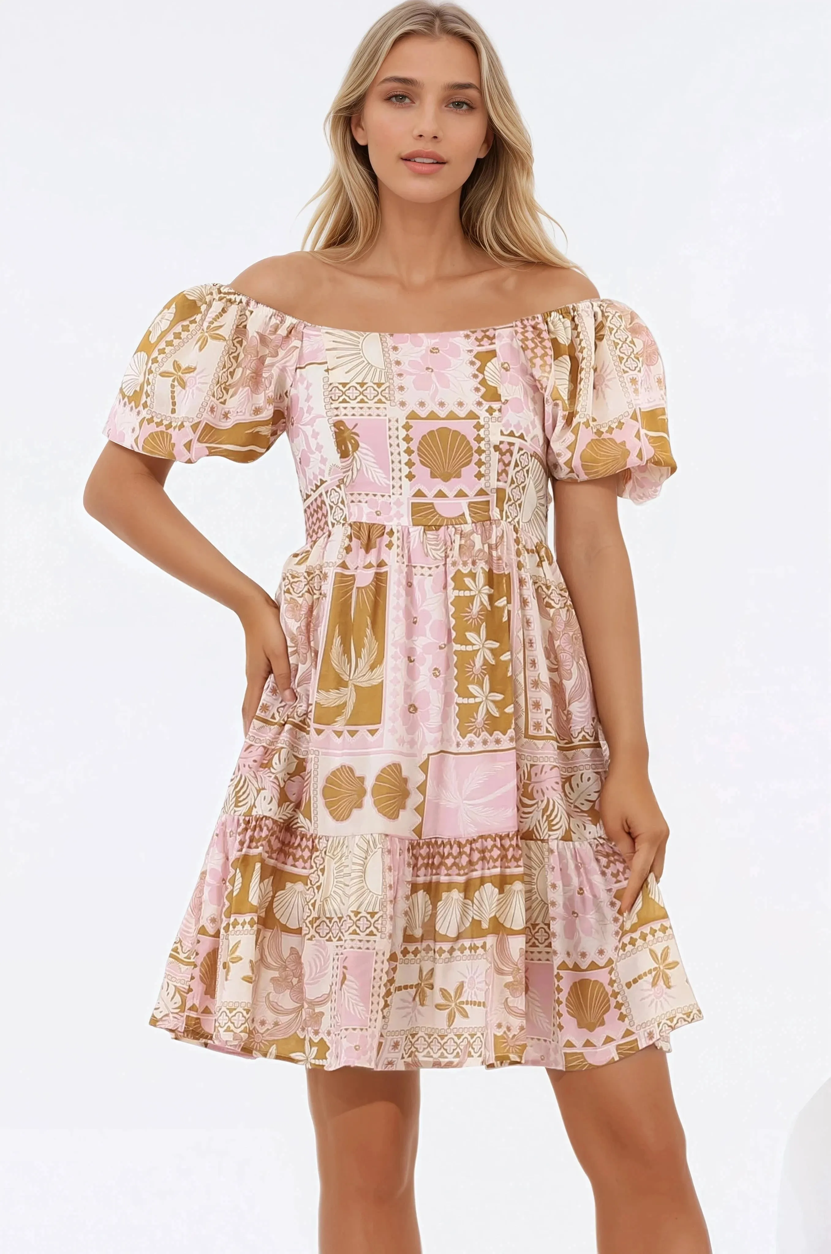 Elea Mini Dress - Multiway Neckline A-Line Dress with Balloon Sleeves in Cersi Print sold by Salty Crush product image thumbnail 2