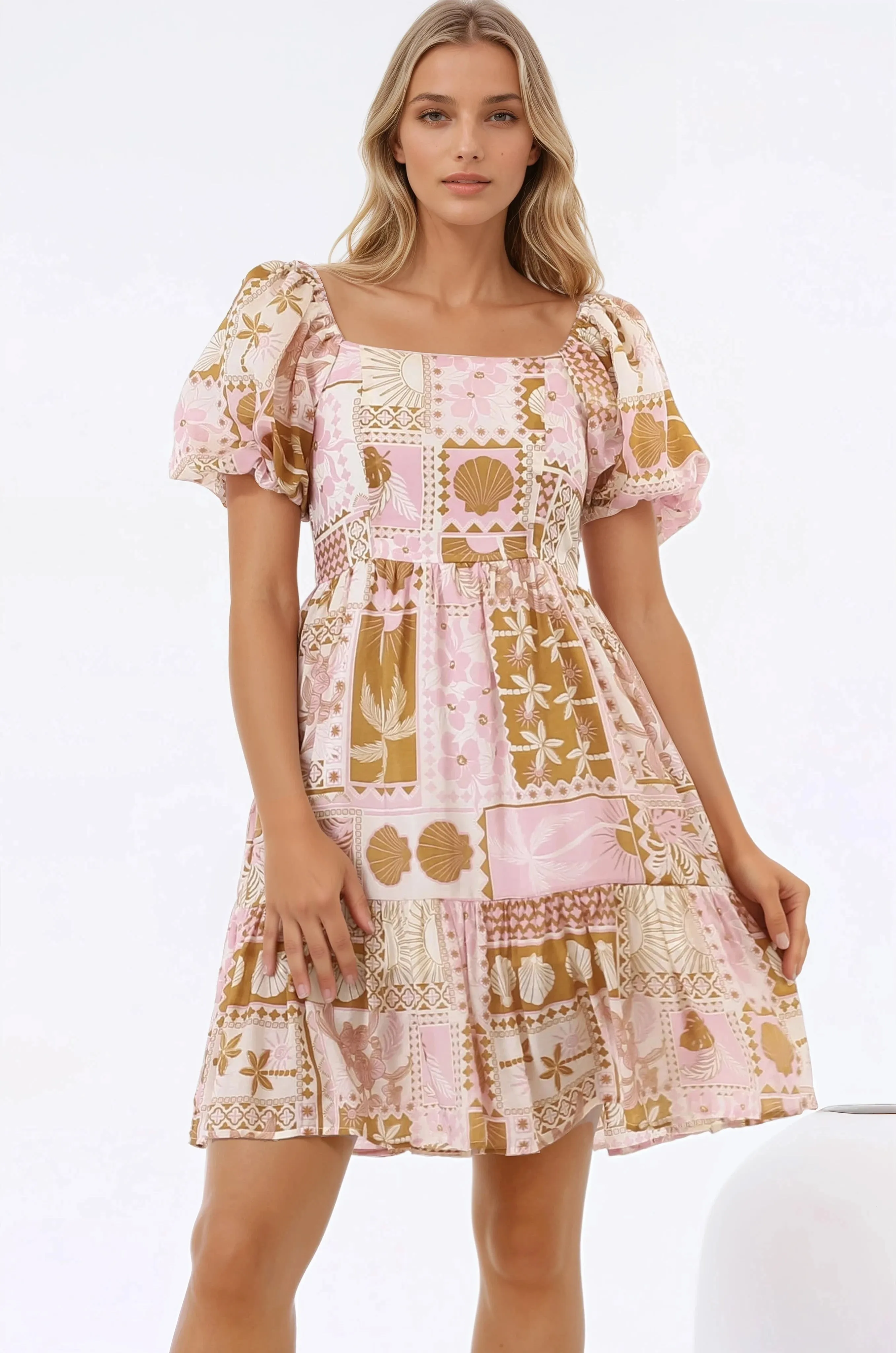 Elea Mini Dress - Multiway Neckline A-Line Dress with Balloon Sleeves in Cersi Print sold by Salty Crush