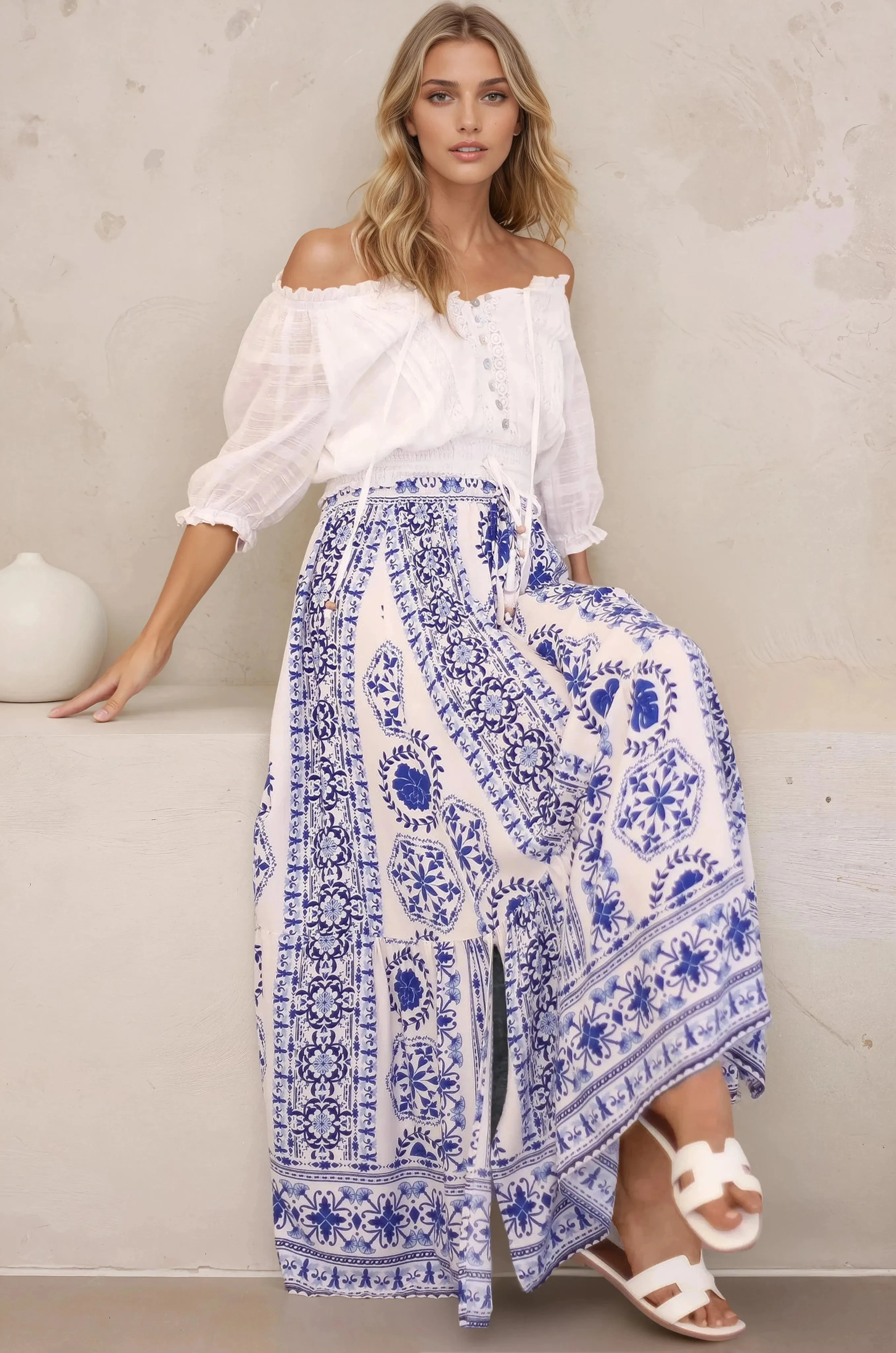 Zia Maxi Skirt - High Waisted Skirt with Front Splits in Kahula Print sold by Salty Crush