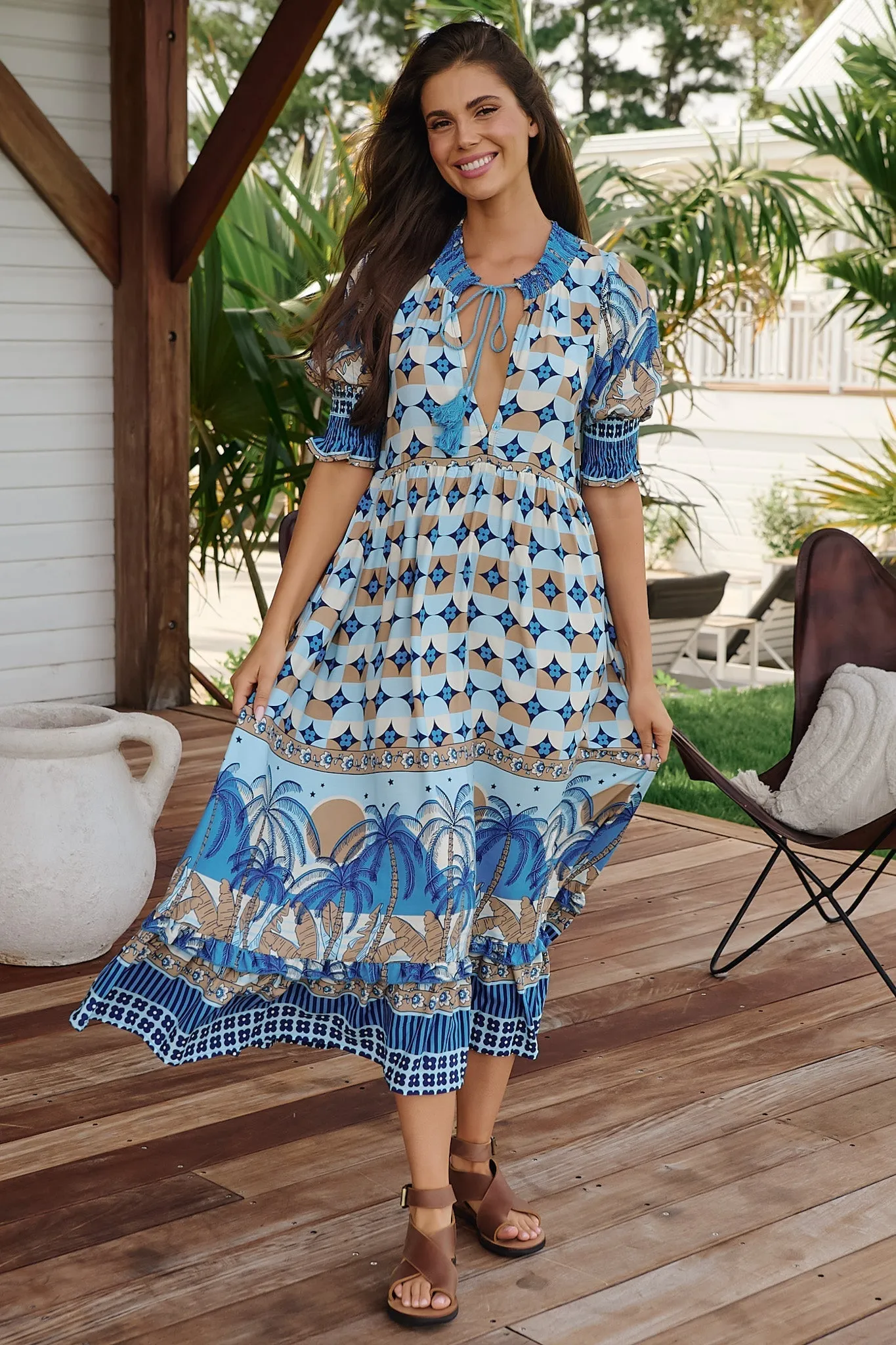 JAASE - Kora Midi Dress: Short Balloon Sleeve Shift Dress in Saphire Sands Print sold by Salty Crush product image thumbnail 2