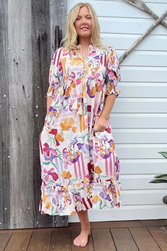 Kora Midi Dress - Short Balloon Sleeve Shift Dress in Sweet Lily Print sold by Salty Crush