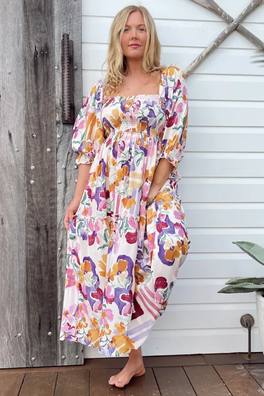 Tulli Midi Dress - Shirred Bodice Balloon Sleeve Midi in Sweet Lily Print sold by Salty Crush
