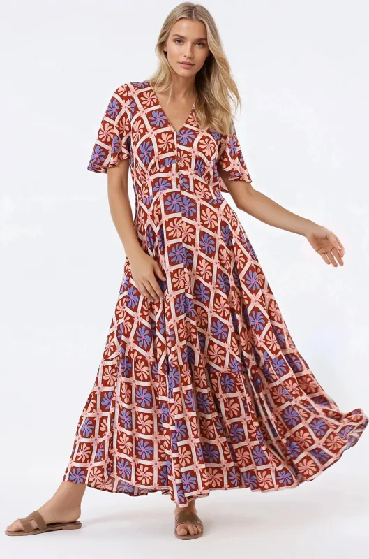 Libby Maxi Dress - Flutter Cap Sleeve Button Waist Detailed A Line Dress in Jaida Print sold by Salty Crush