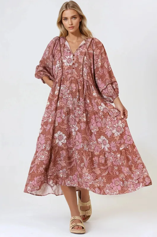 Kamali Midi Dress - Batwing Sleeve Smock Dress with Lace Detailing in Luedi Print in Rust sold by Salty Crush