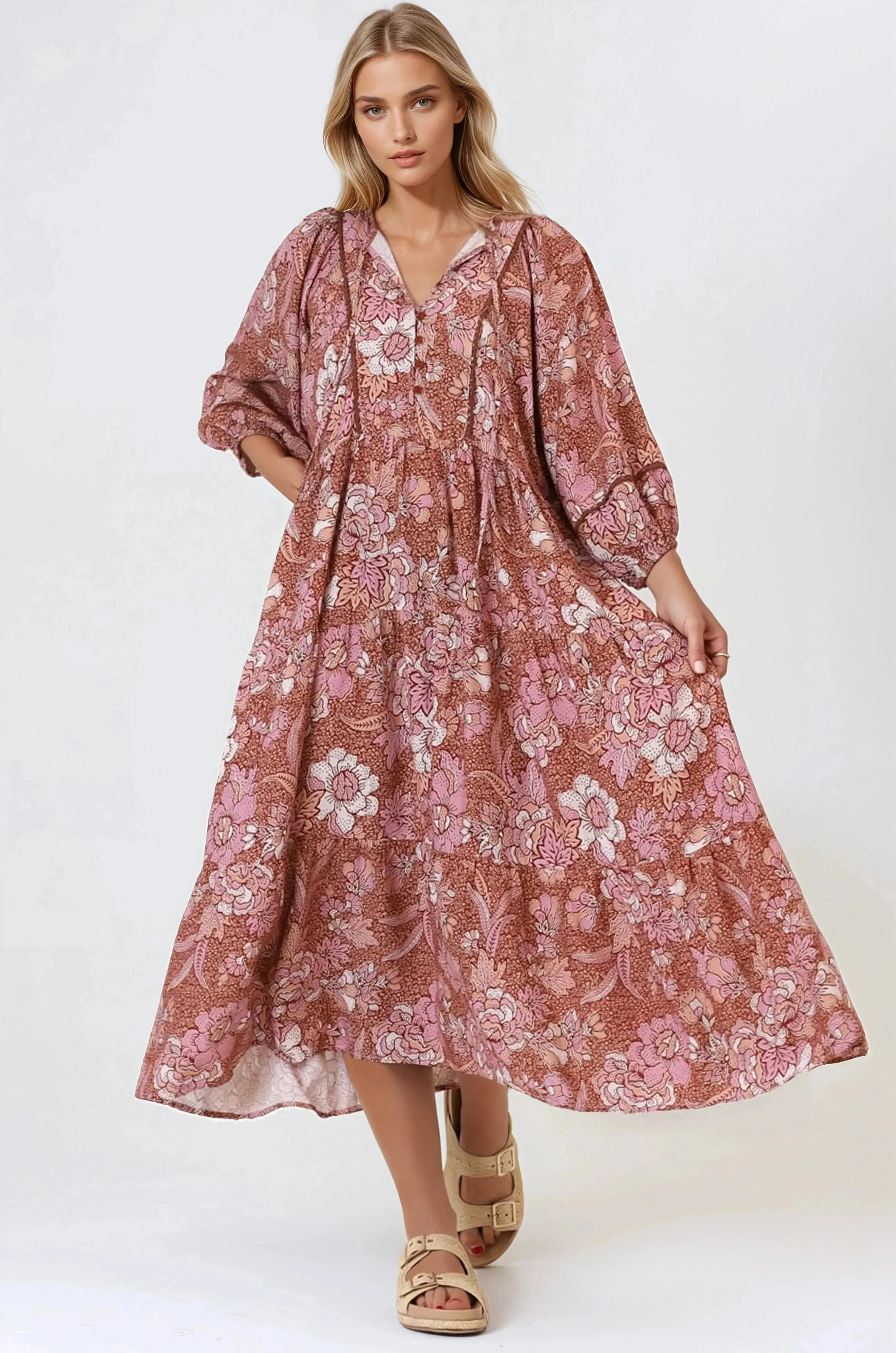 Kamali Midi Dress - Batwing Sleeve Smock Dress with Lace Detailing in Luedi Print in Rust sold by Salty Crush