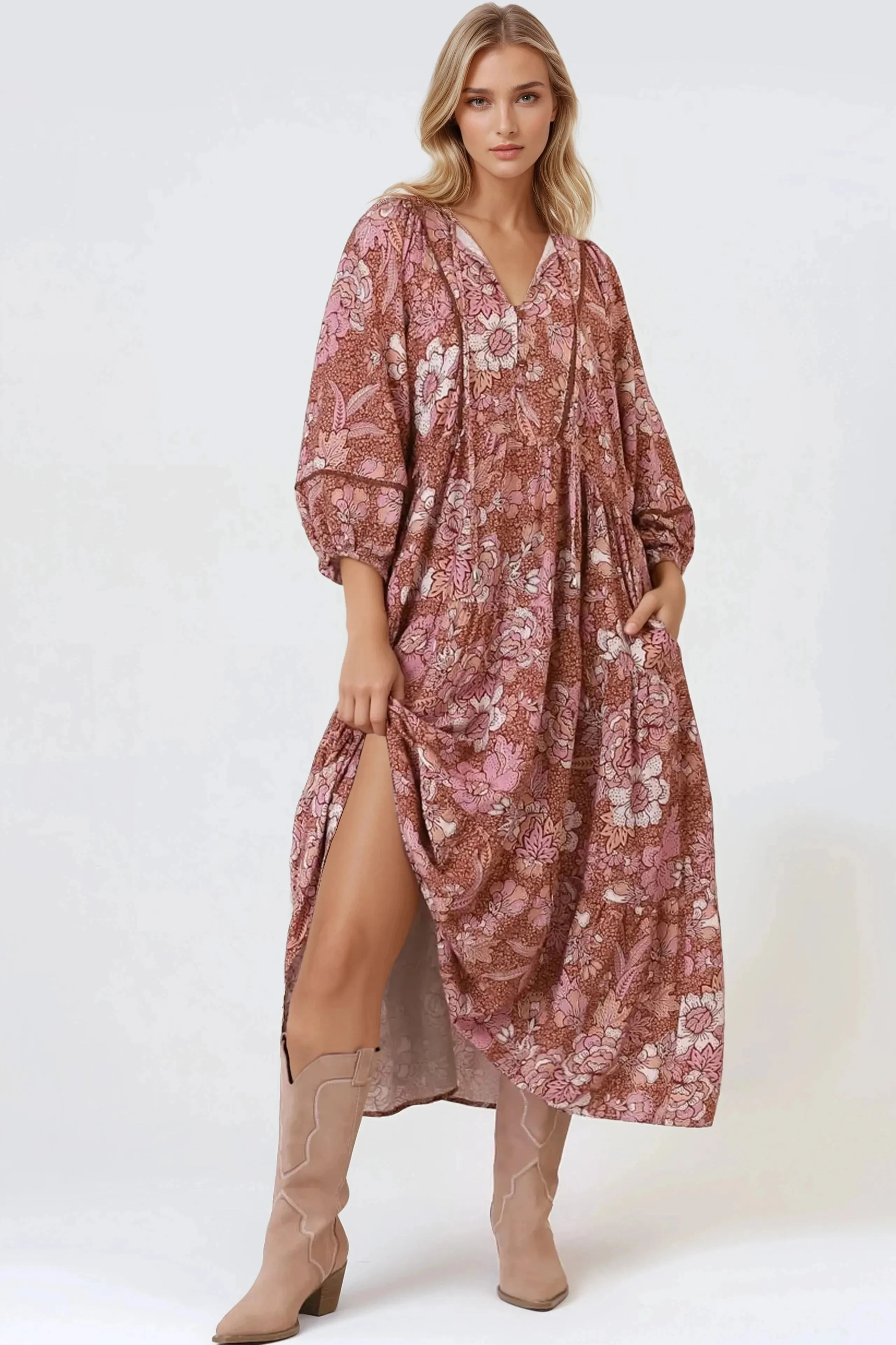 Kamali Midi Dress - Batwing Sleeve Smock Dress with Lace Detailing in Luedi Print in Rust sold by Salty Crush product image thumbnail 3